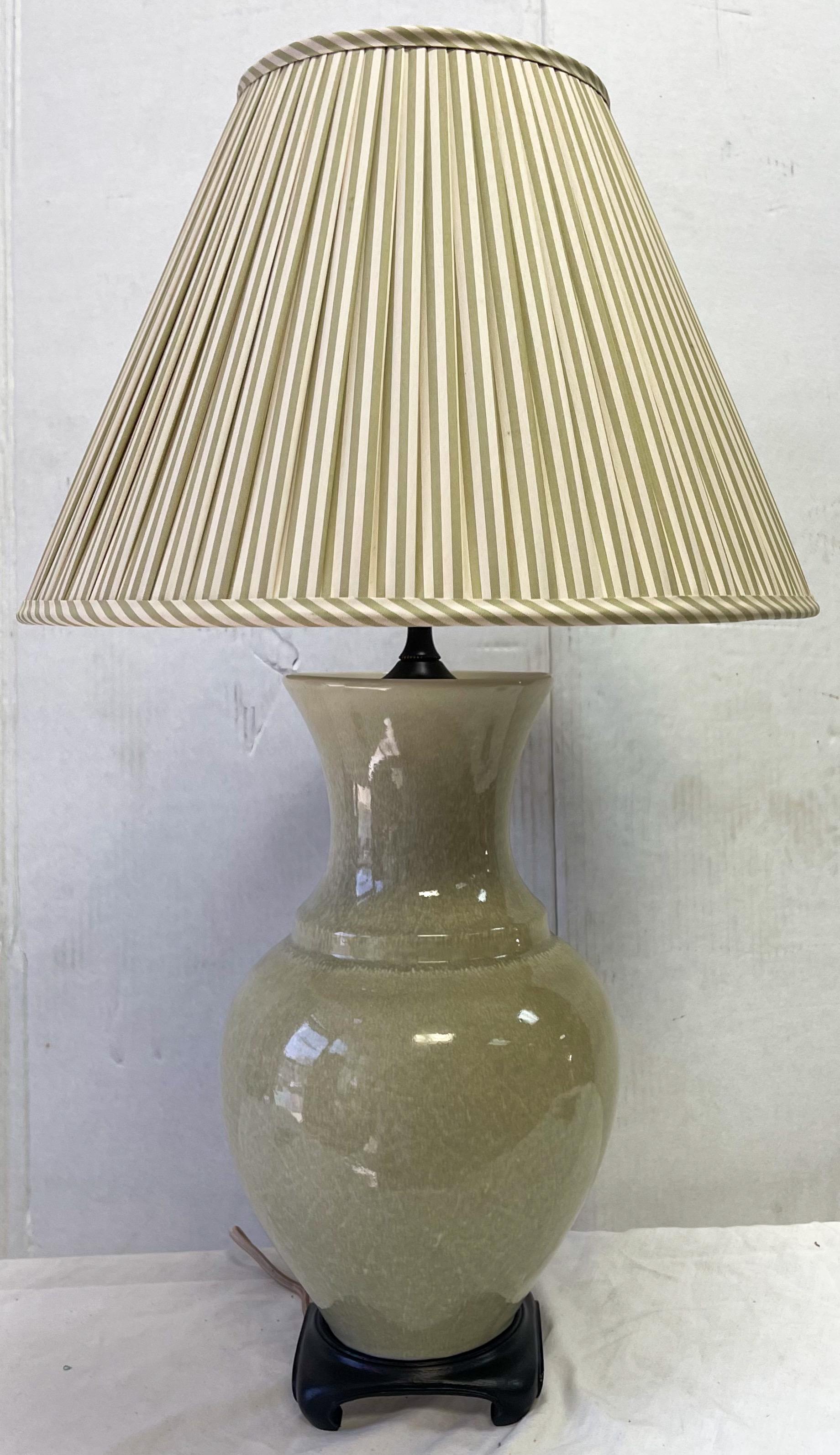 These are lovely! This is a pair of mid-century Asian style crackle finish celadon lamps attributed to Paul Hanson. The pleated shades alternate celadon with ivory and are in very good condition. They appear to be silk, but I am not absolutely