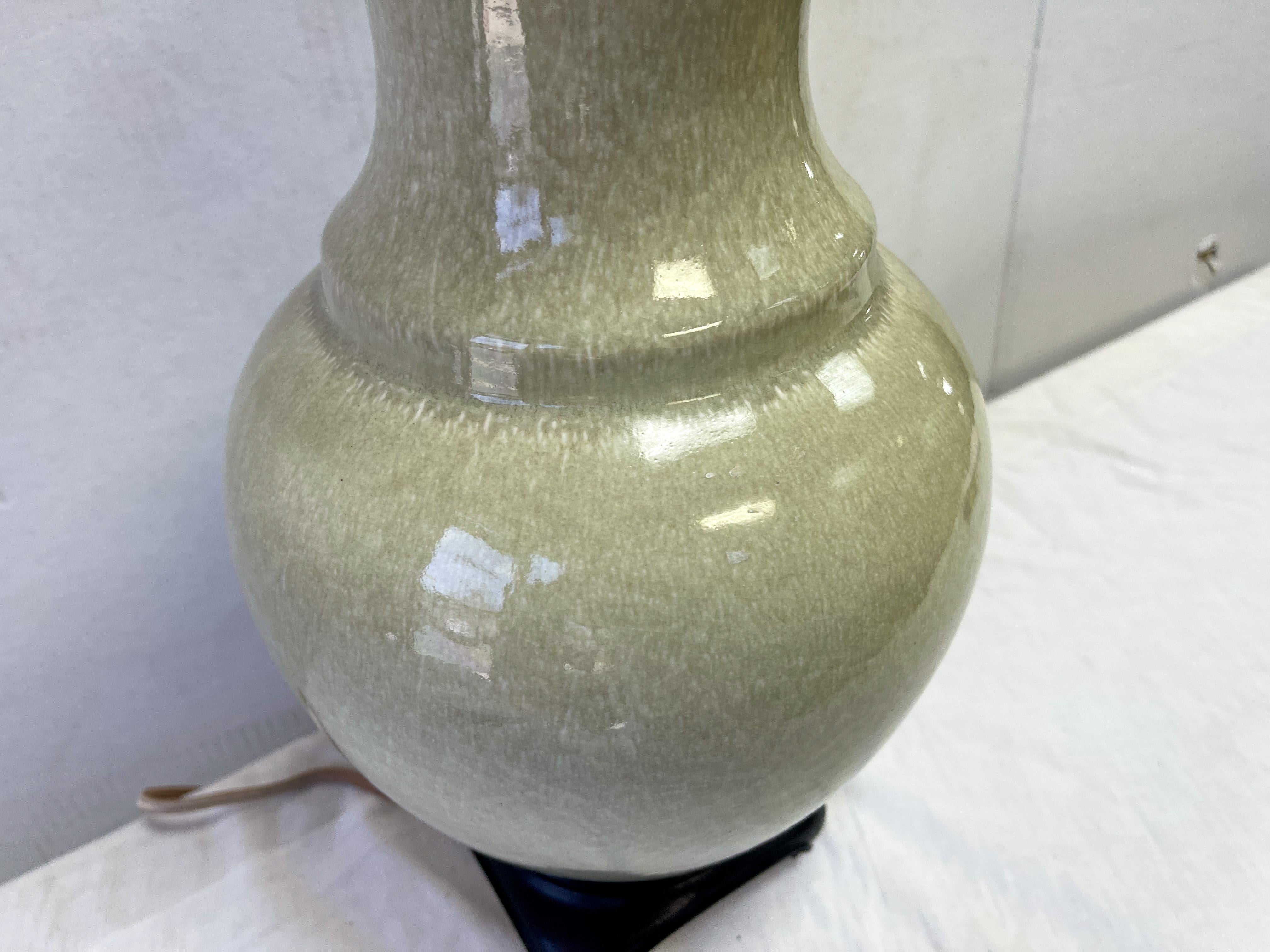Mid-Century Asian Style Crackle Glaze Celadon Table Lamps Att. Paul Hanson, Pair In Good Condition For Sale In Kennesaw, GA