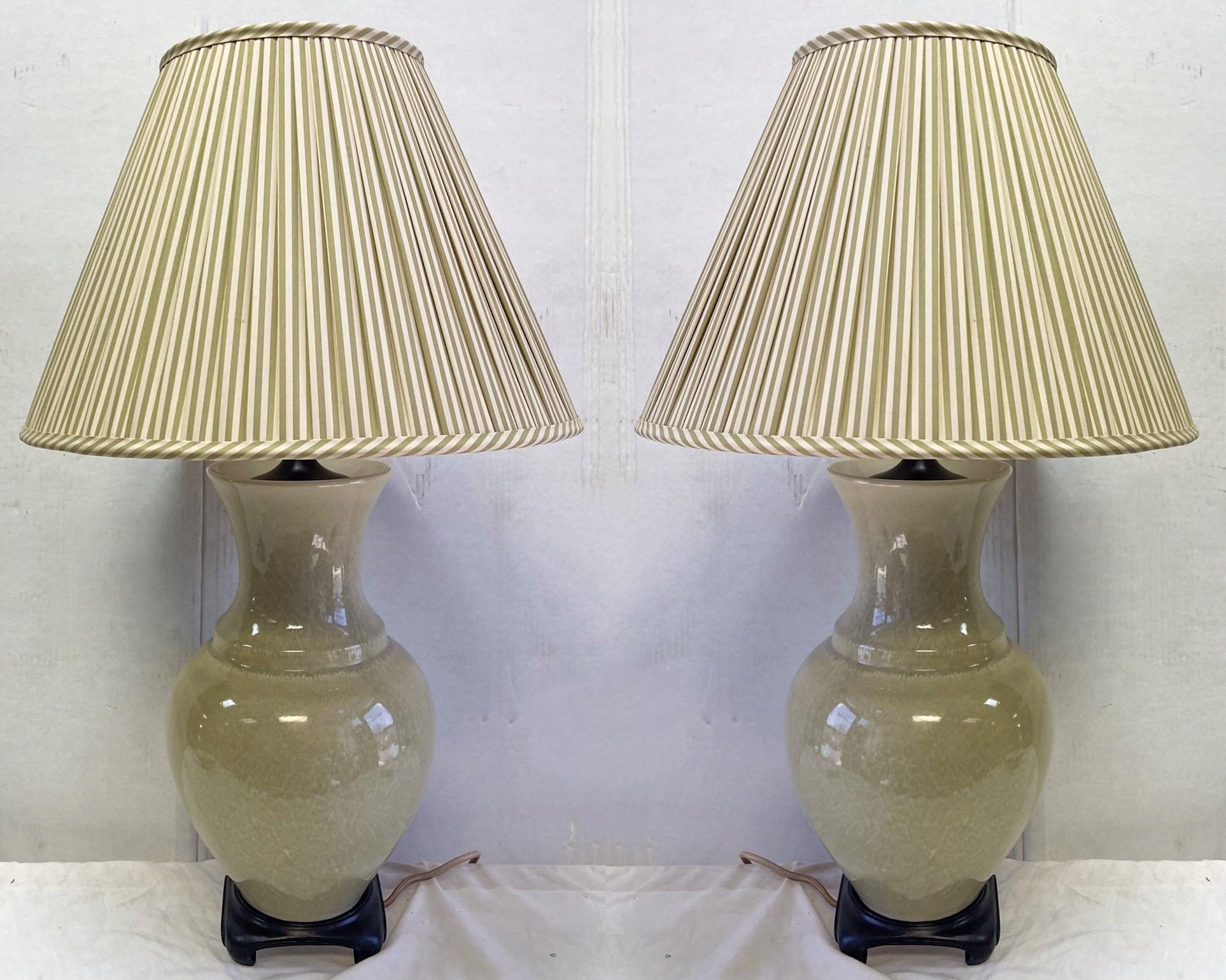 Ceramic Mid-Century Asian Style Crackle Glaze Celadon Table Lamps Att. Paul Hanson, Pair For Sale