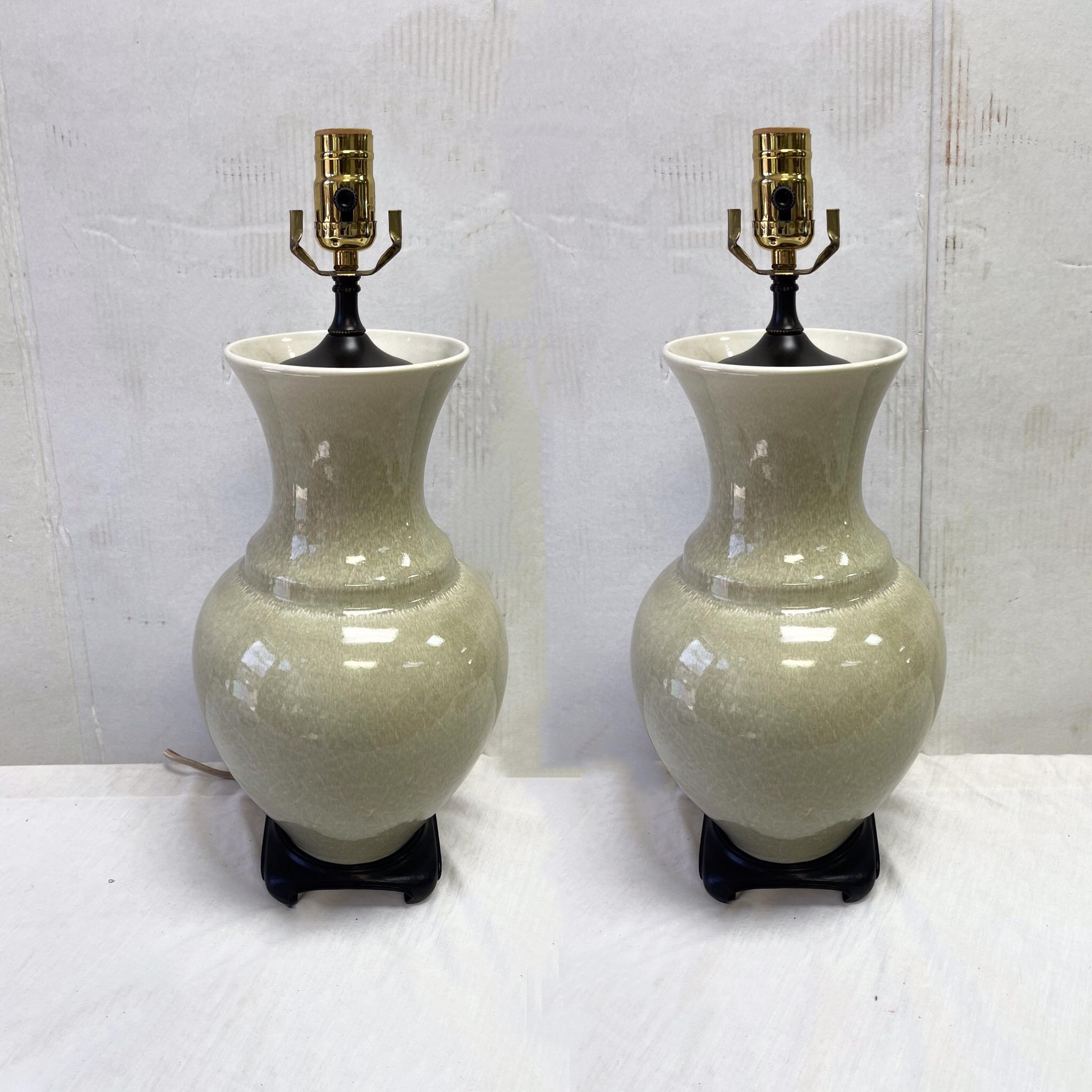 Ceramic Mid-Century Asian Style Crackle Glaze Celadon Table Lamps Att. Paul Hanson, Pair For Sale