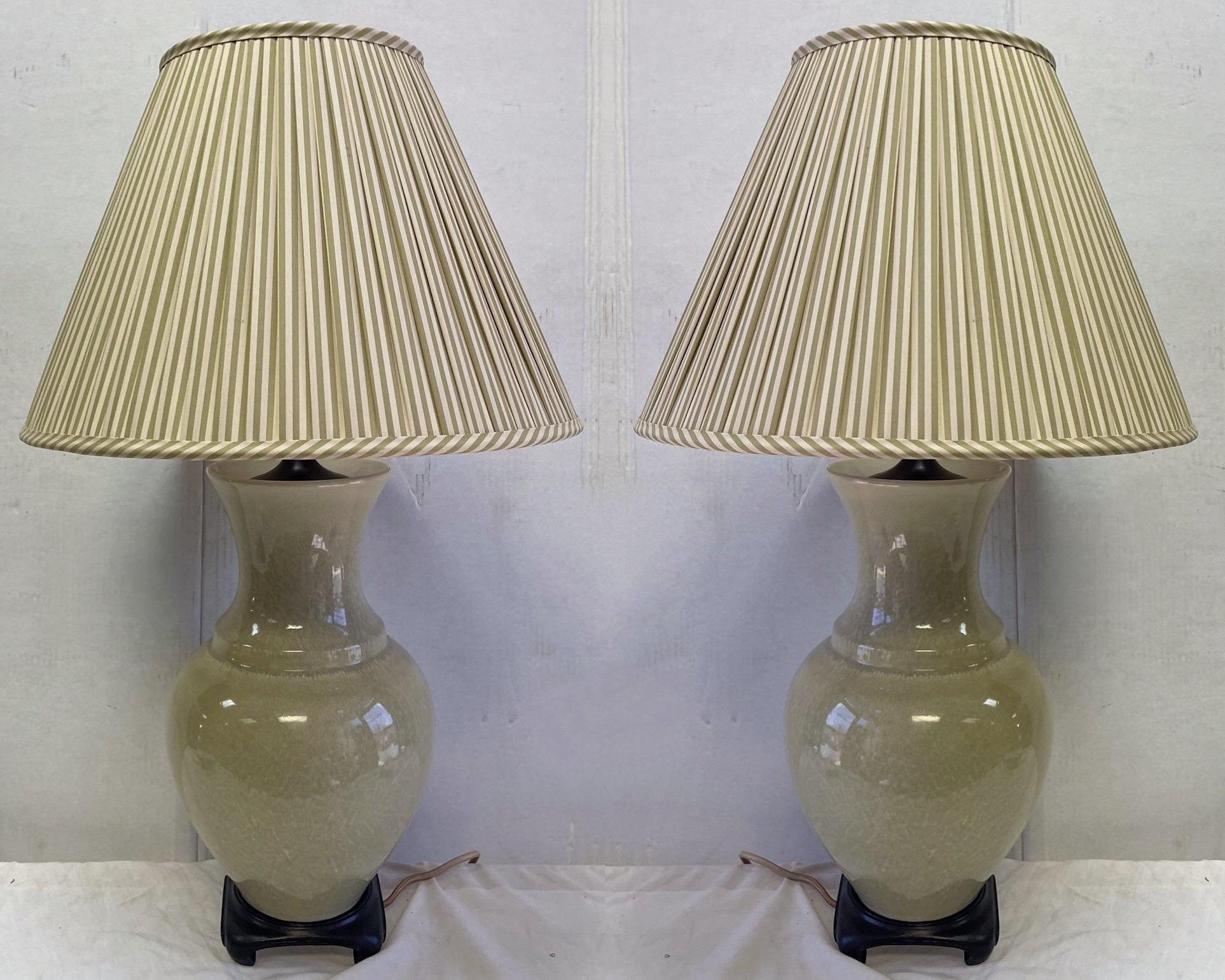 Mid-Century Asian Style Crackle Glaze Celadon Table Lamps Att. Paul Hanson, Pair For Sale 2