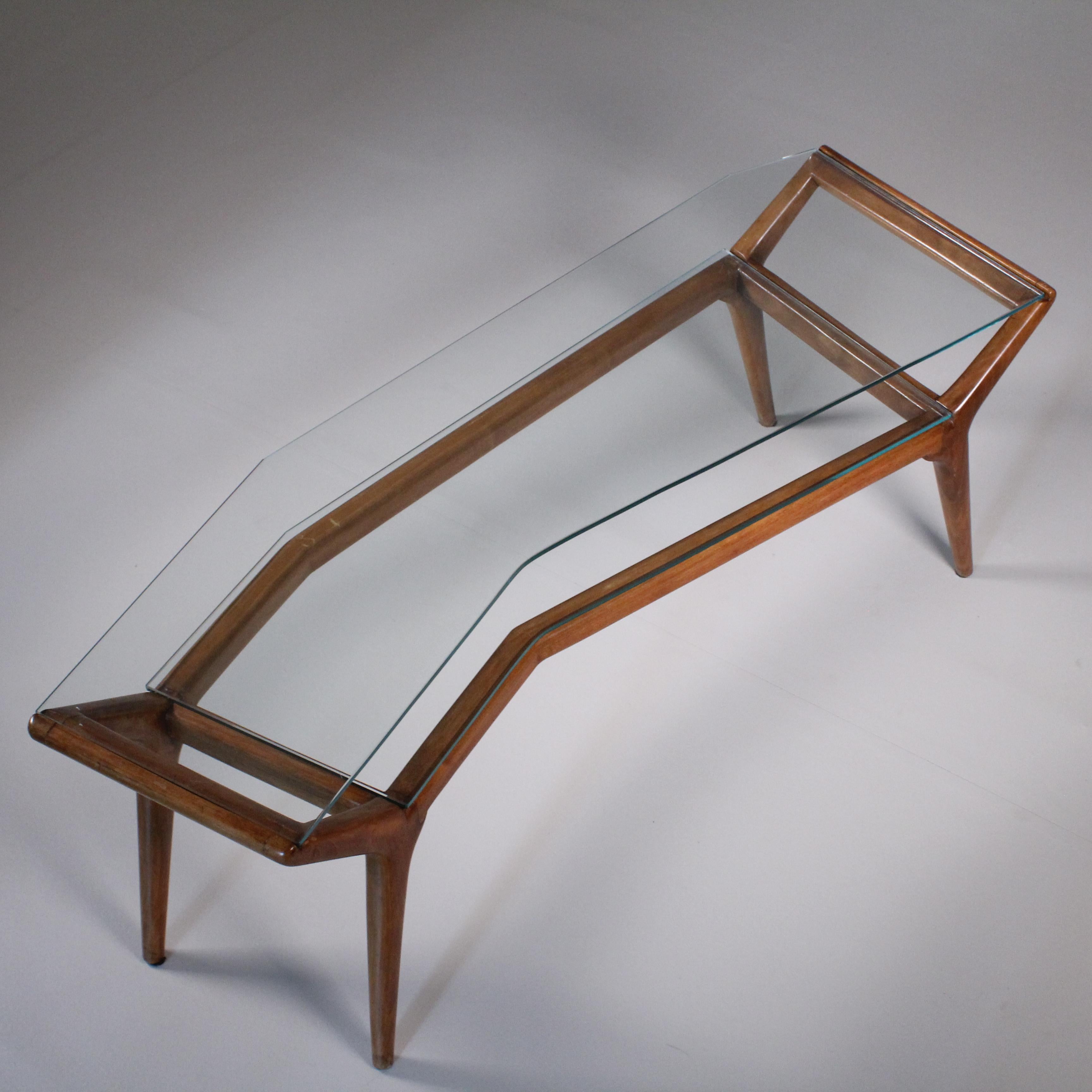 Italian Mid-Century asimmetric Coffee table, glass and wood For Sale