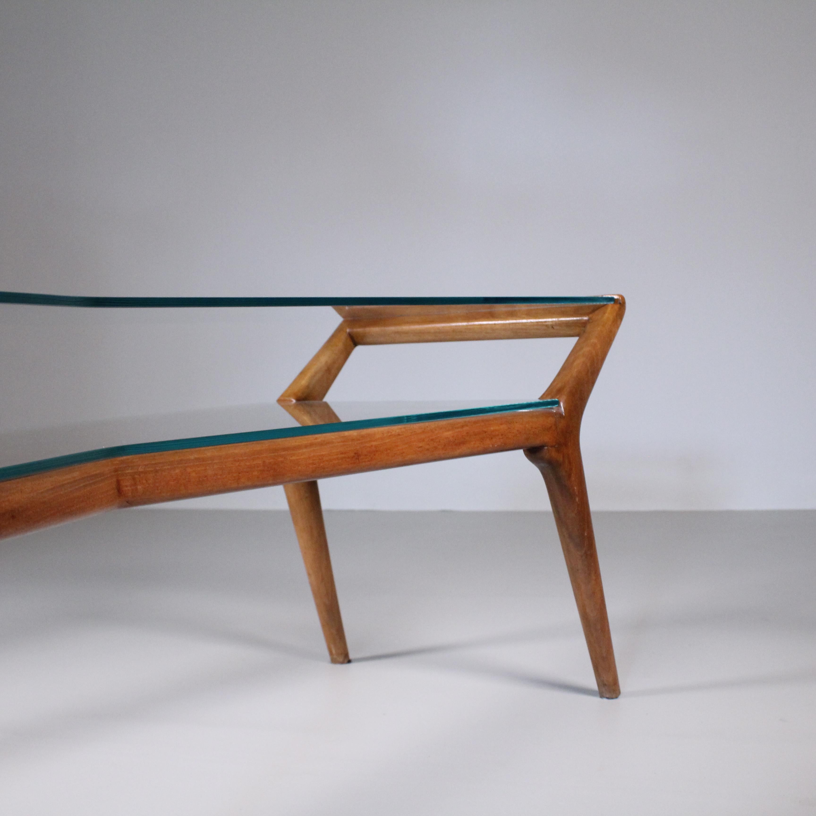 Glass Mid-Century asimmetric Coffee table, glass and wood For Sale