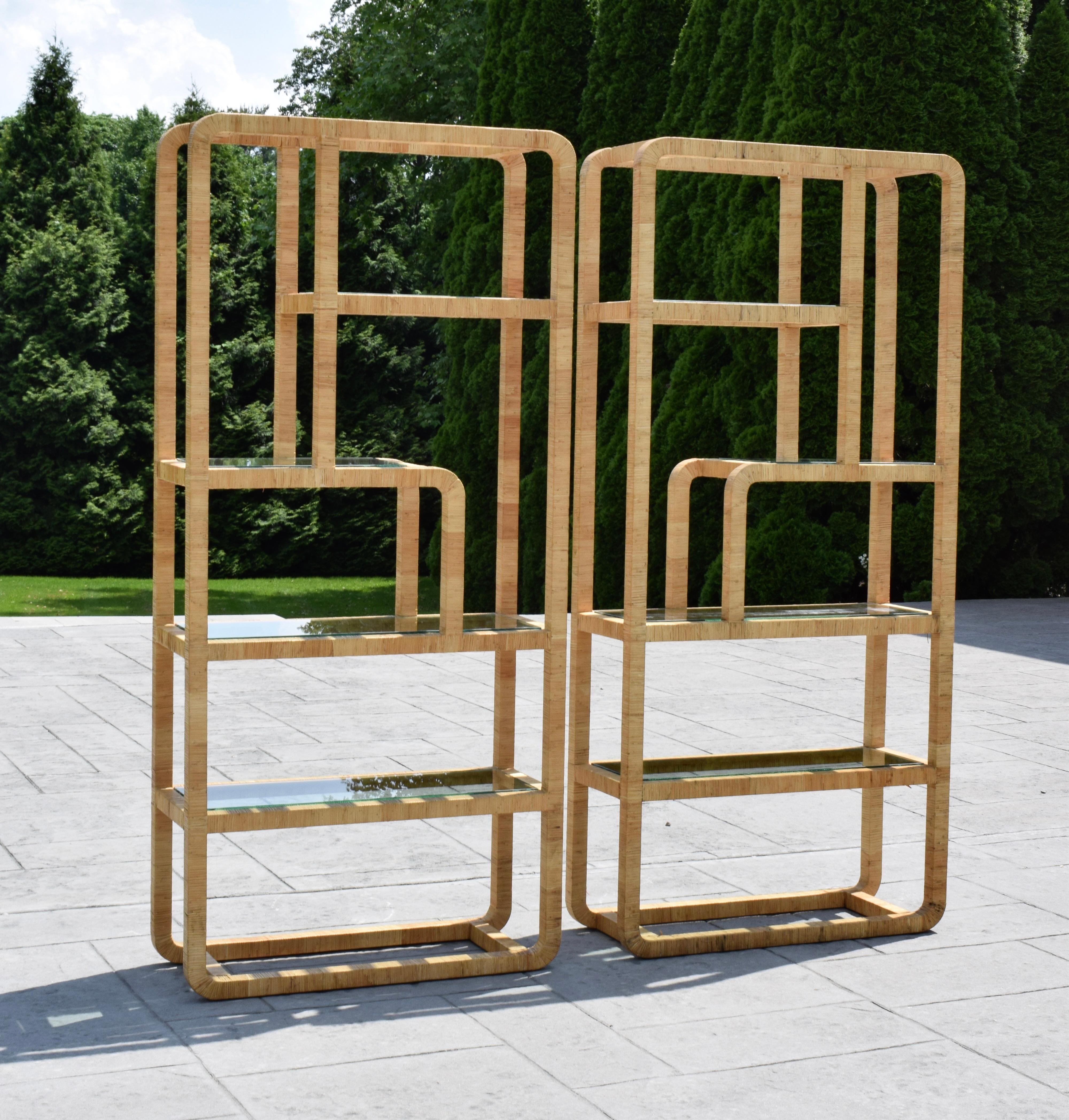 Mid-Century Modern Mid-Century Assymetrical Woven Rattan Wrapped Modernist Étagères, 1970s, Pair