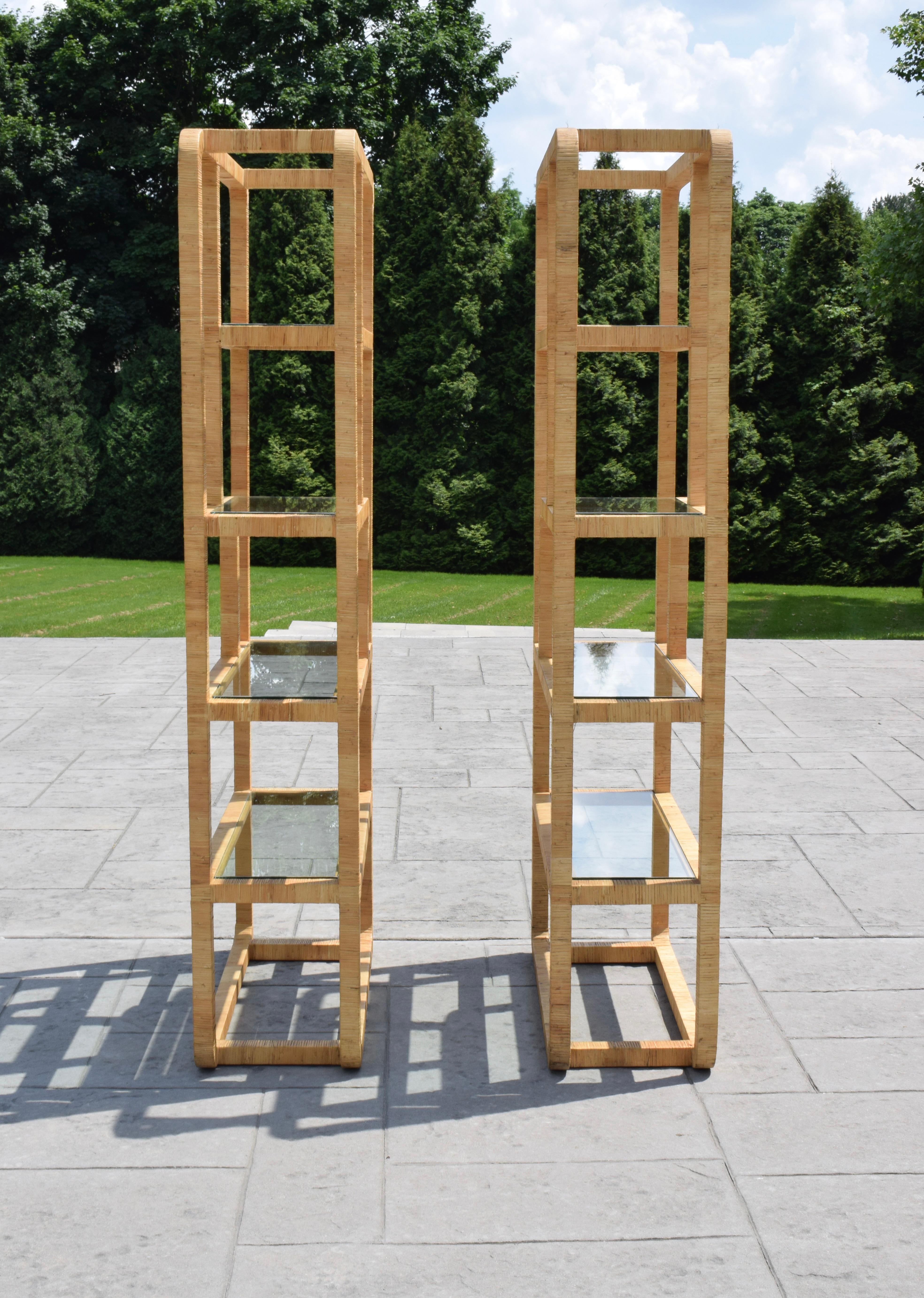 Mid-Century Assymetrical Woven Rattan Wrapped Modernist Étagères, 1970s, Pair In Good Condition In Southampton, NJ