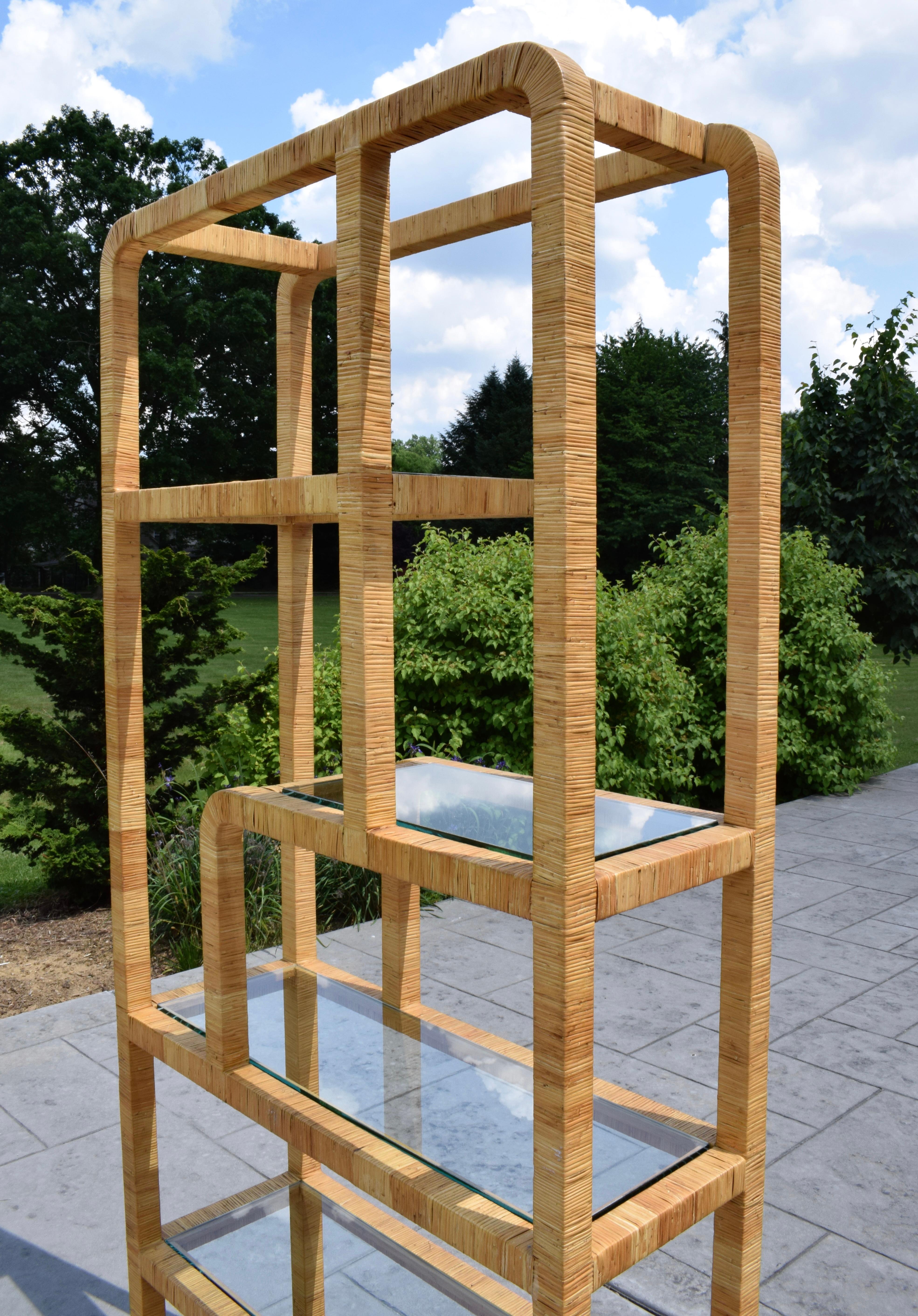 20th Century Mid-Century Assymetrical Woven Rattan Wrapped Modernist Étagères, 1970s, Pair