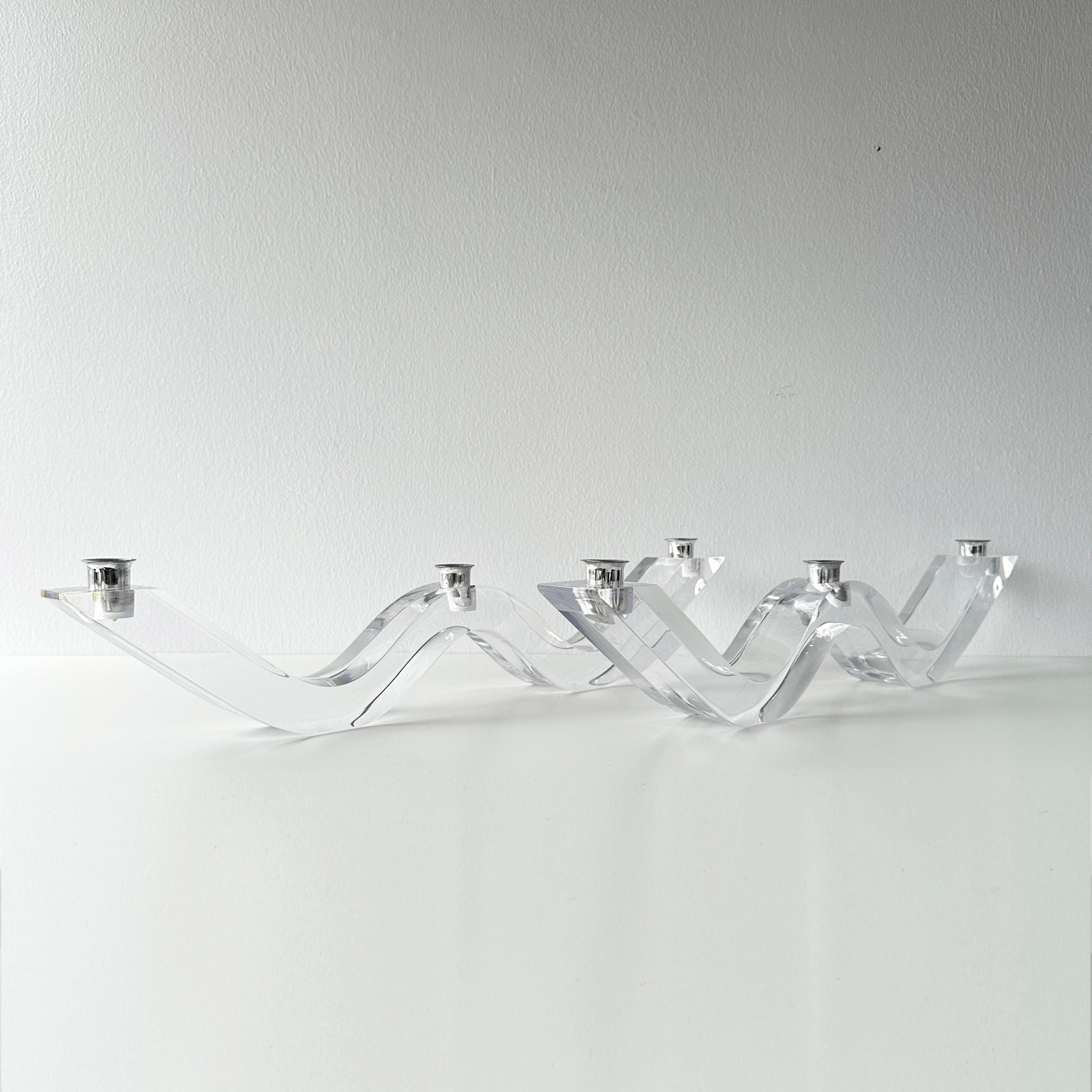 Post-Modern Mid Century Astrolite Lucite Wave Candelabra Pair Attributed to Herb Ritts For Sale