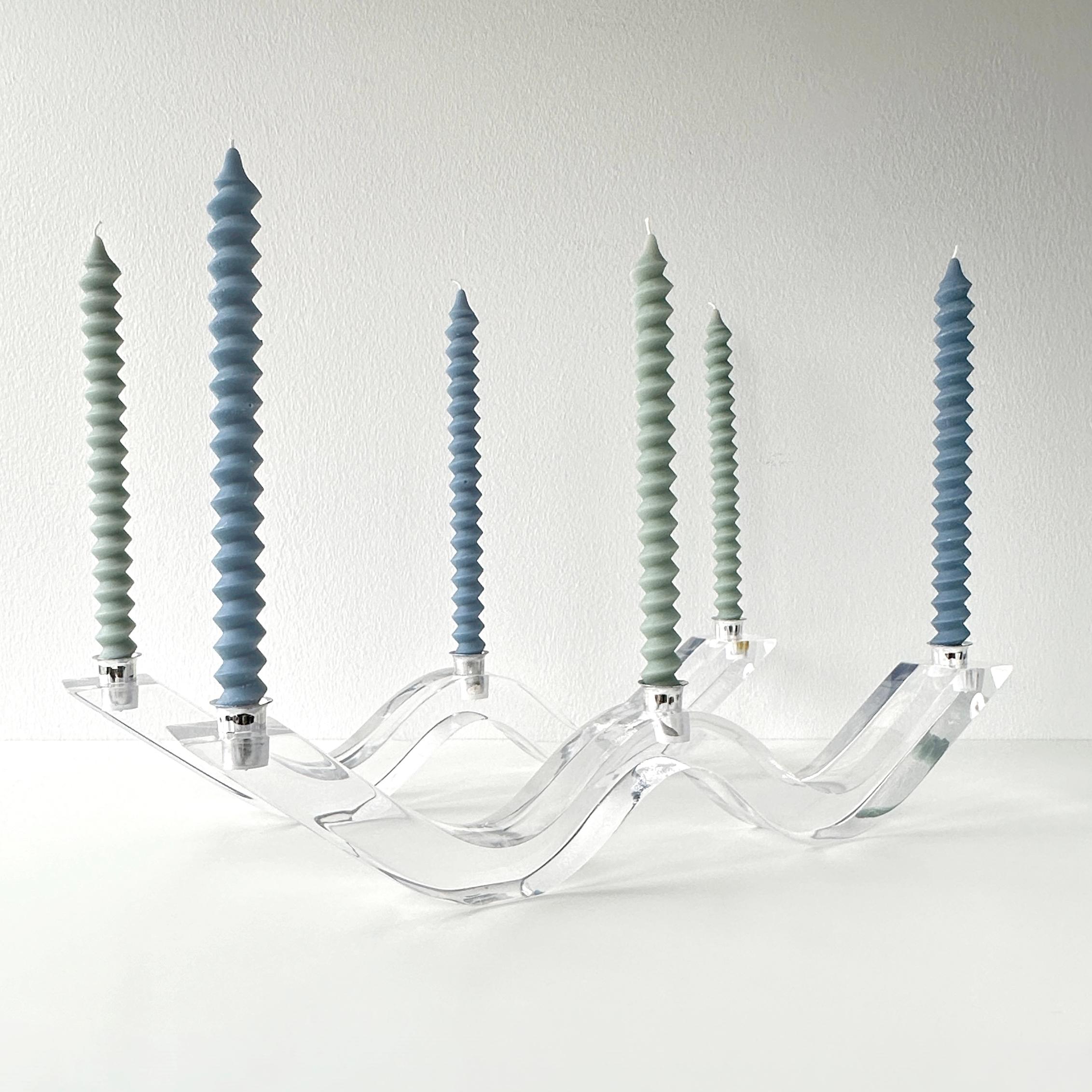 Chrome Mid Century Astrolite Lucite Wave Candelabra Pair Attributed to Herb Ritts For Sale