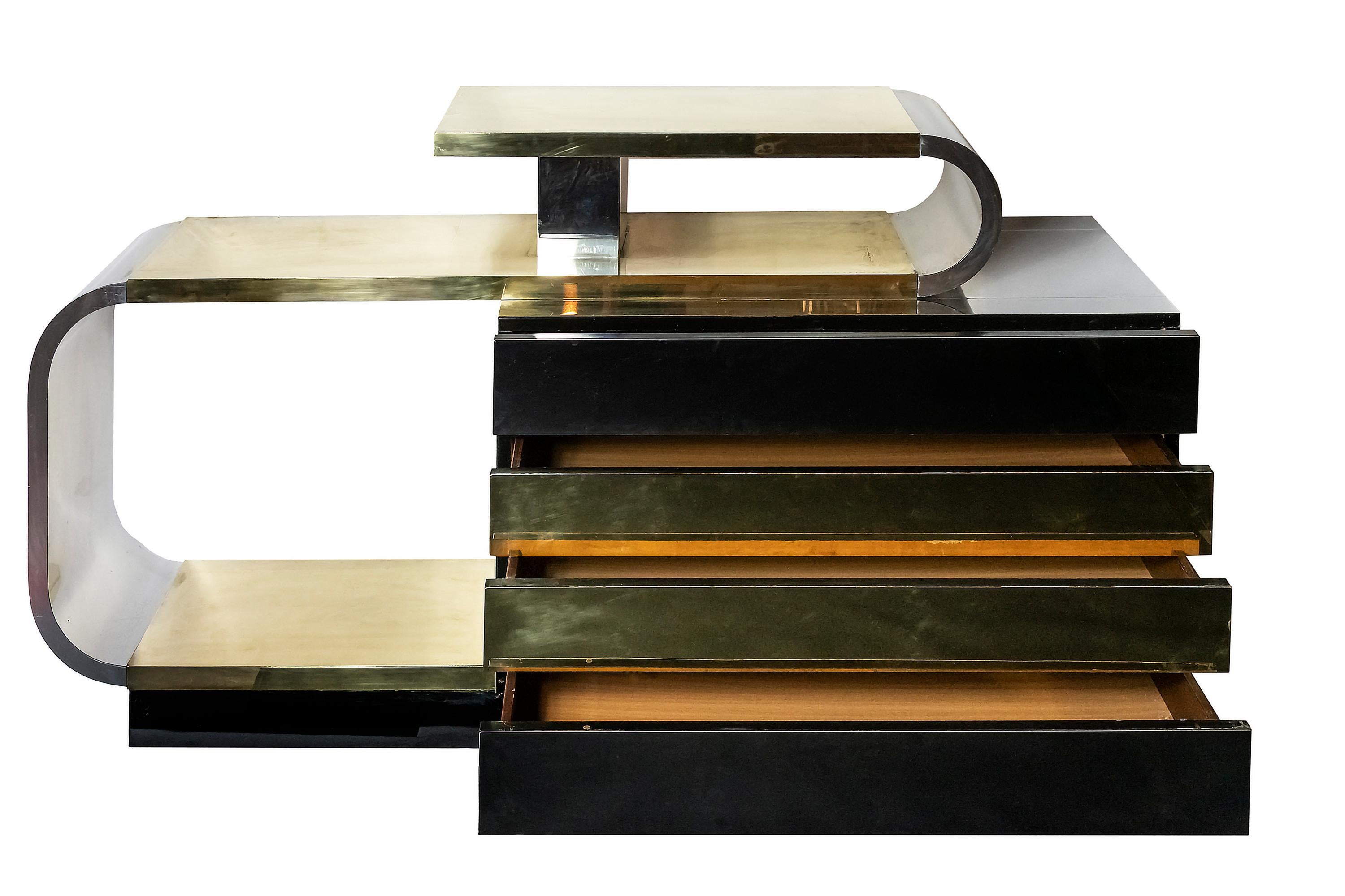Italian Mid-Century Asymmetric Brass And Chrome Sideboard in Paul Evans Style