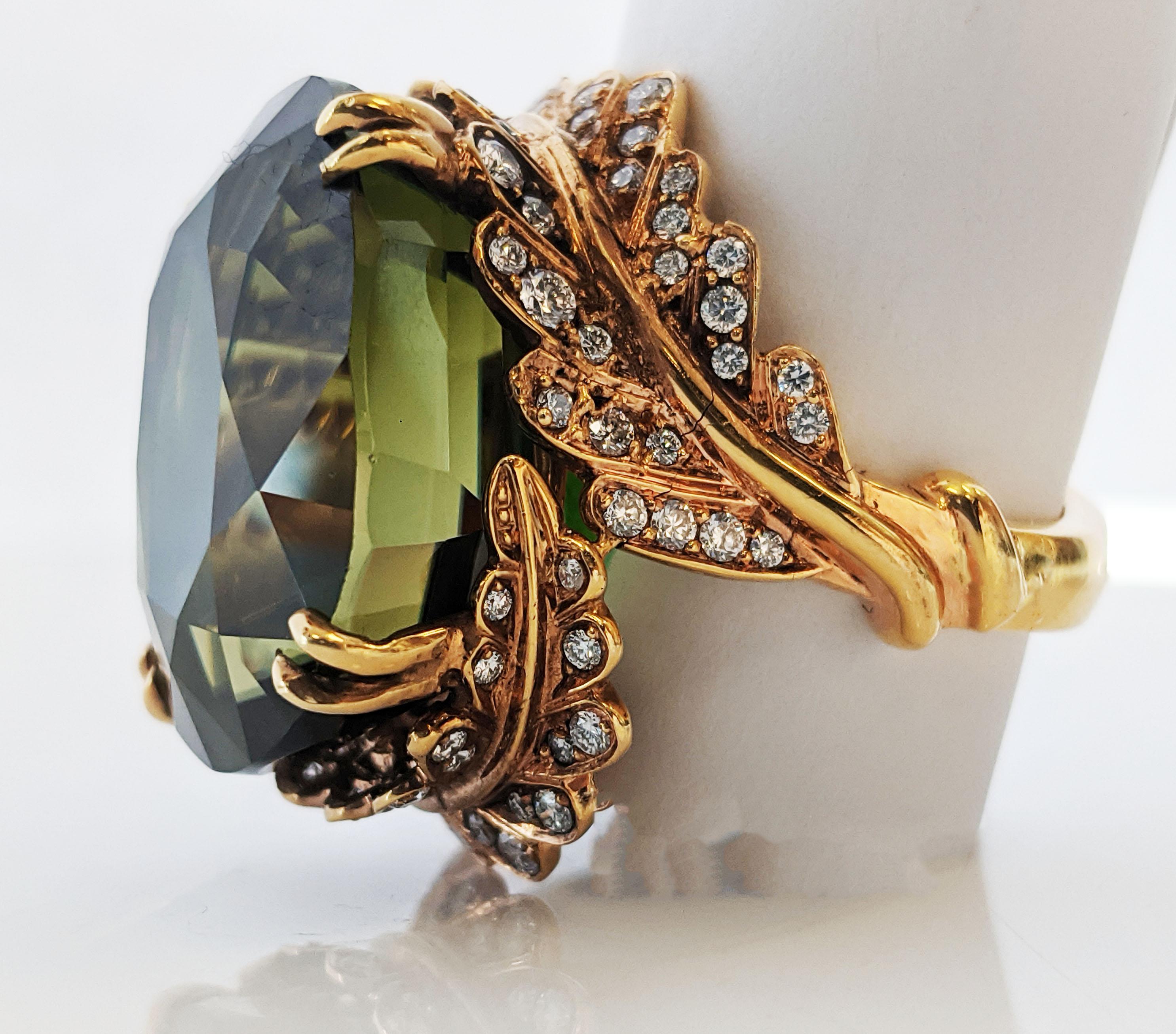 Women's or Men's Midcentury Asymmetrical 45+Carat Green Zircon 18 Karat Statement Ring