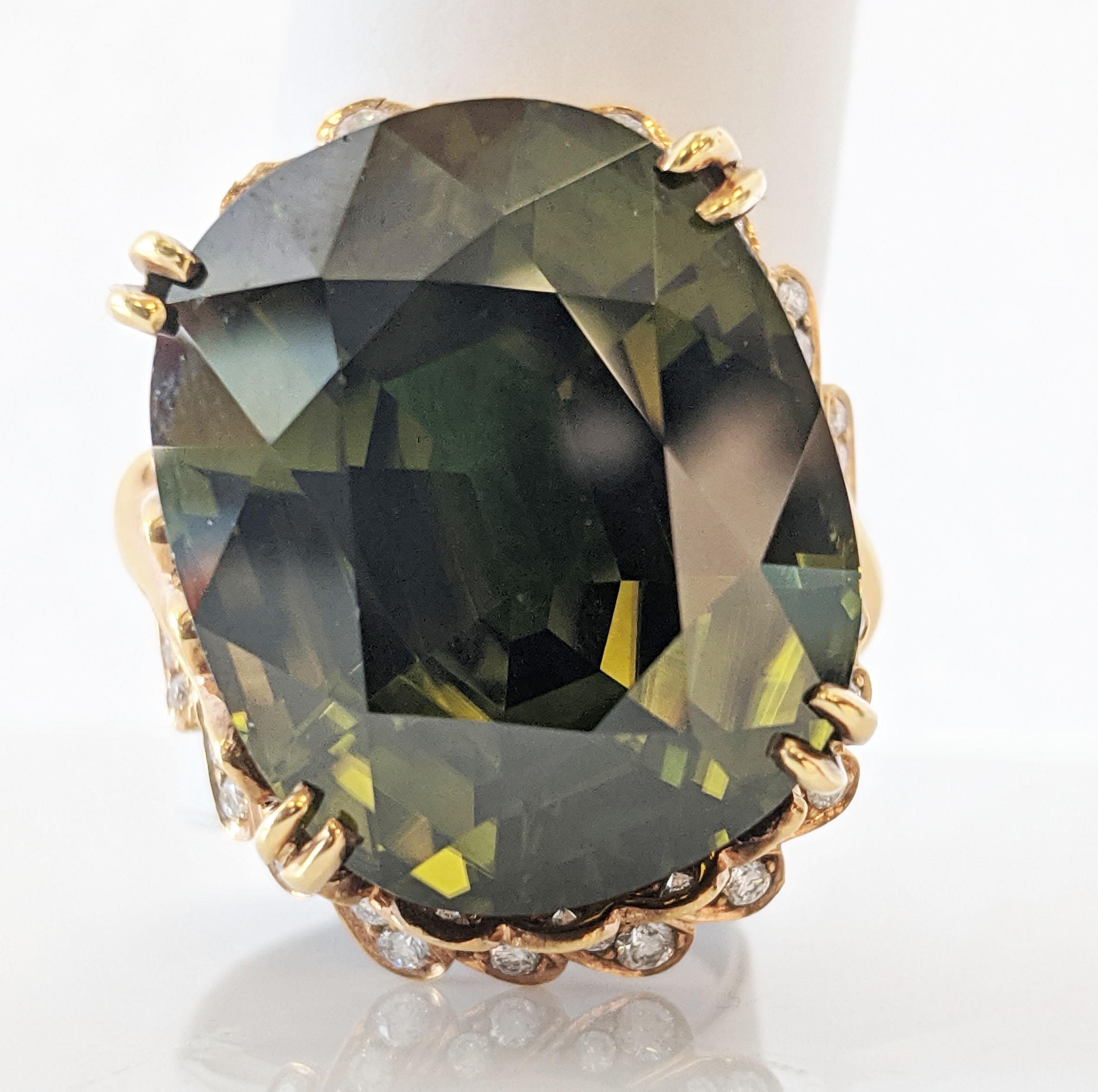 Midcentury Asymmetrical 45+Carat Green Zircon 18 Karat Statement Ring 1