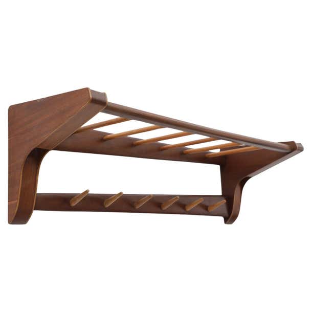 Midcentury Asymmetrical Wall Mounted Teak Coat Rack For Sale at 1stDibs