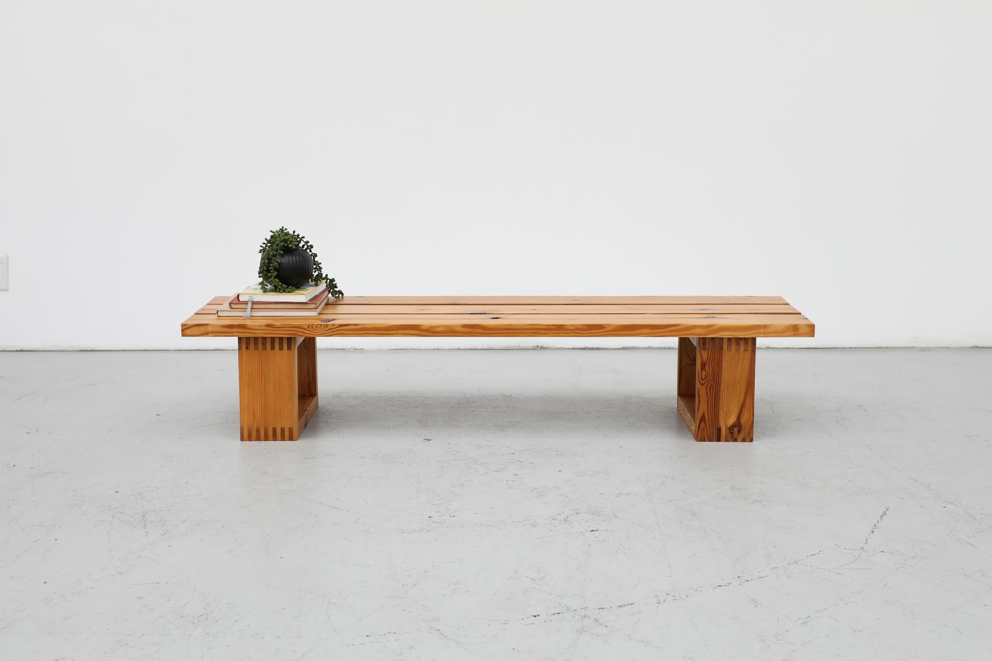 Ate van Apeldoorn designed, heavy pine slat bench with square feet and box joints. Great coffee table or bench under your favorite painting. Lightly refinished. Two more unfinished benches also available, listed separately (LU922434111732).