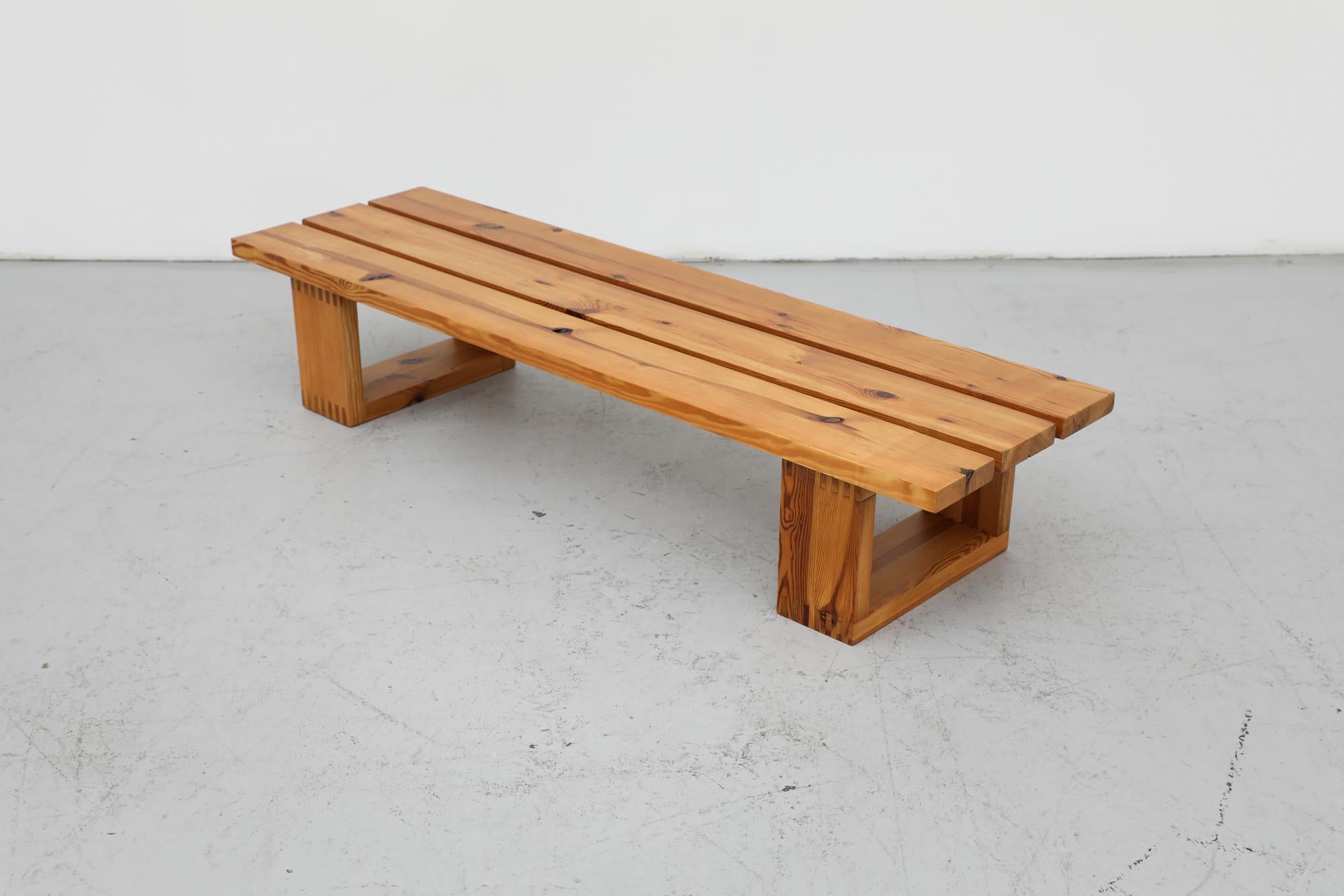 Mid-20th Century Mid-Century Ate Van Apeldoorn Pine Slat Bench w/ Square Feet & Box Joinery For Sale