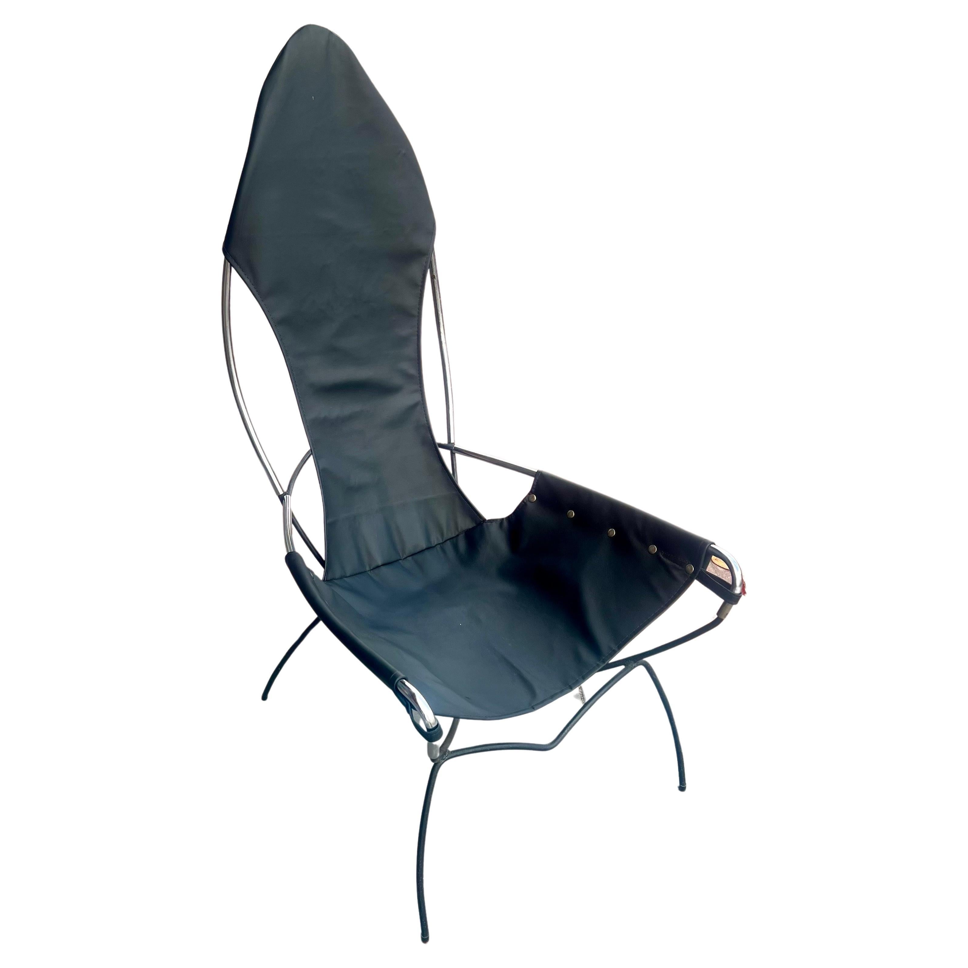 Mid Century Atomic Age Sling Chair in Leather, Iron & Chrome by Tony Paul