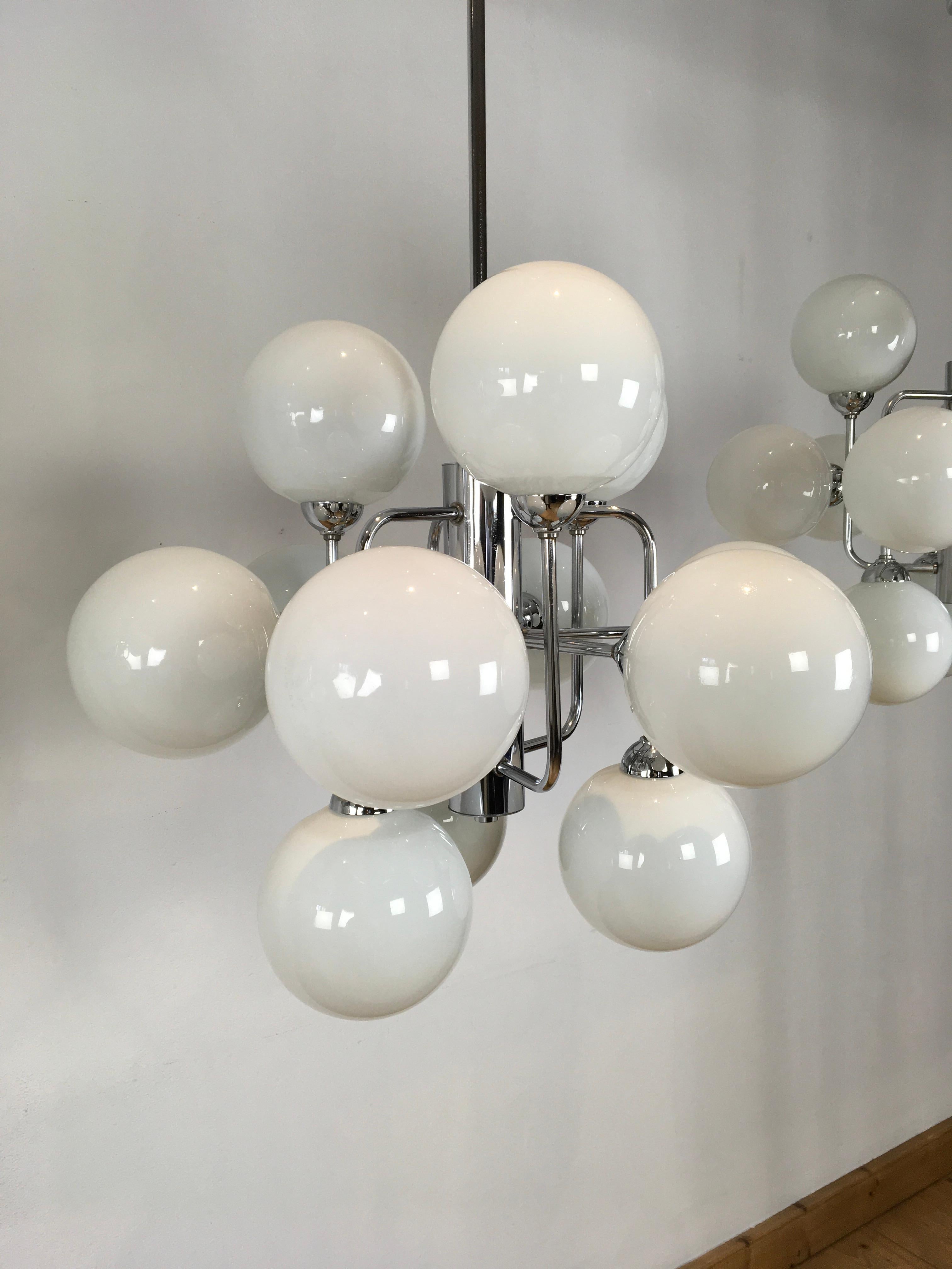 Opaline Glass Mid-Century Atomic Chandeliers with 12 Lights, 3 Pieces Available For Sale
