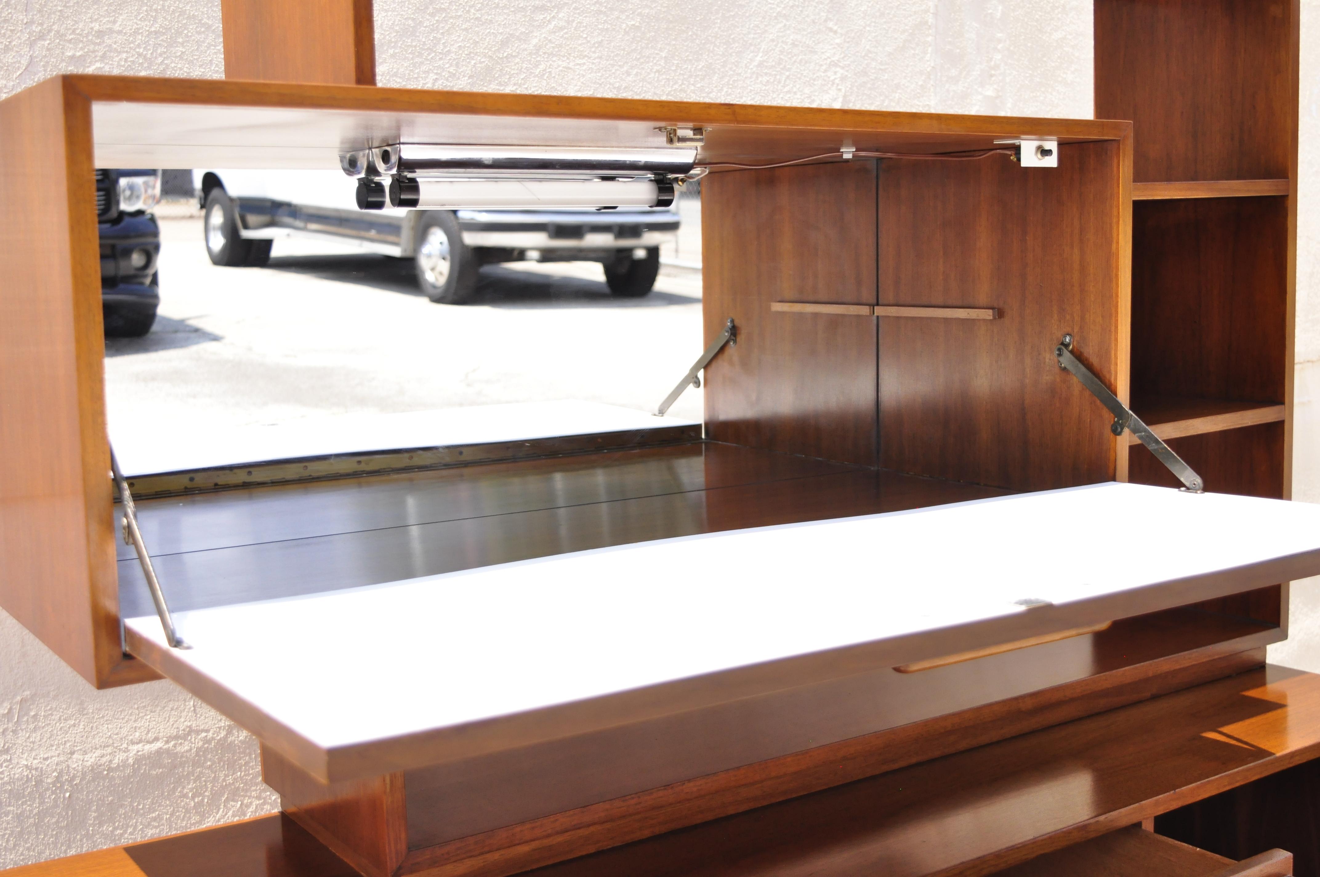 North American Mid Century Atomic Era Walnut Floating Shelf Bar Credenza Cabinet Sideboard