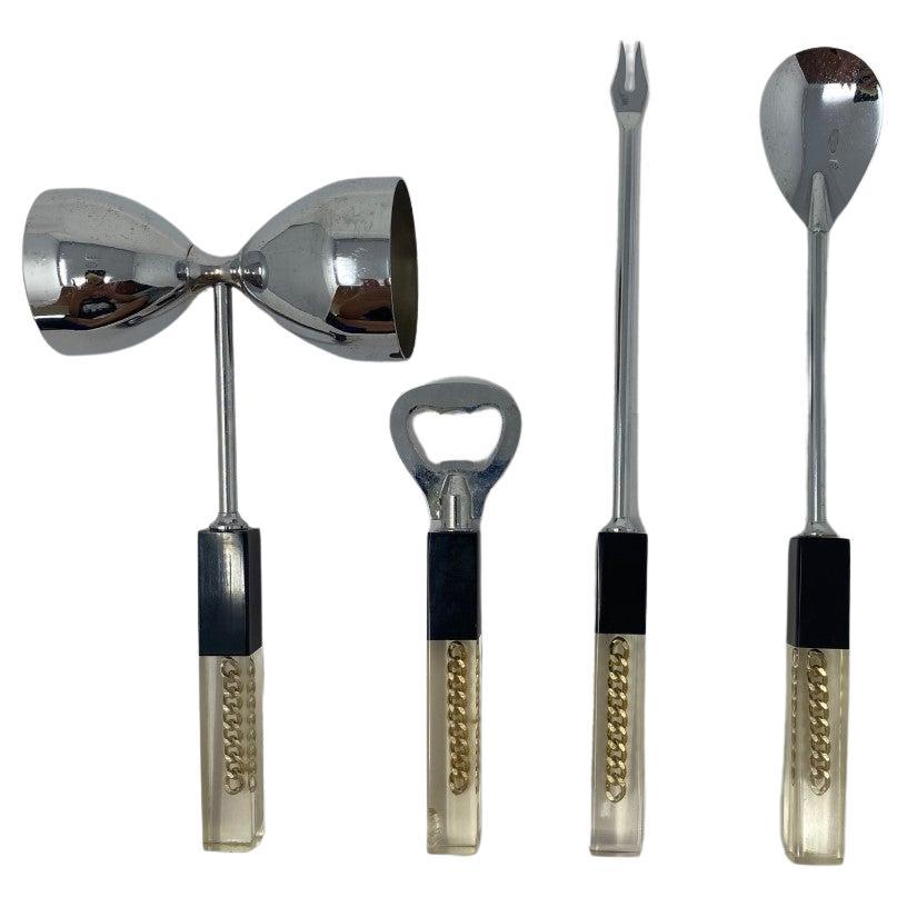 Midcentury Atomic Lucite and Steel Bar Tool Set , 1960s