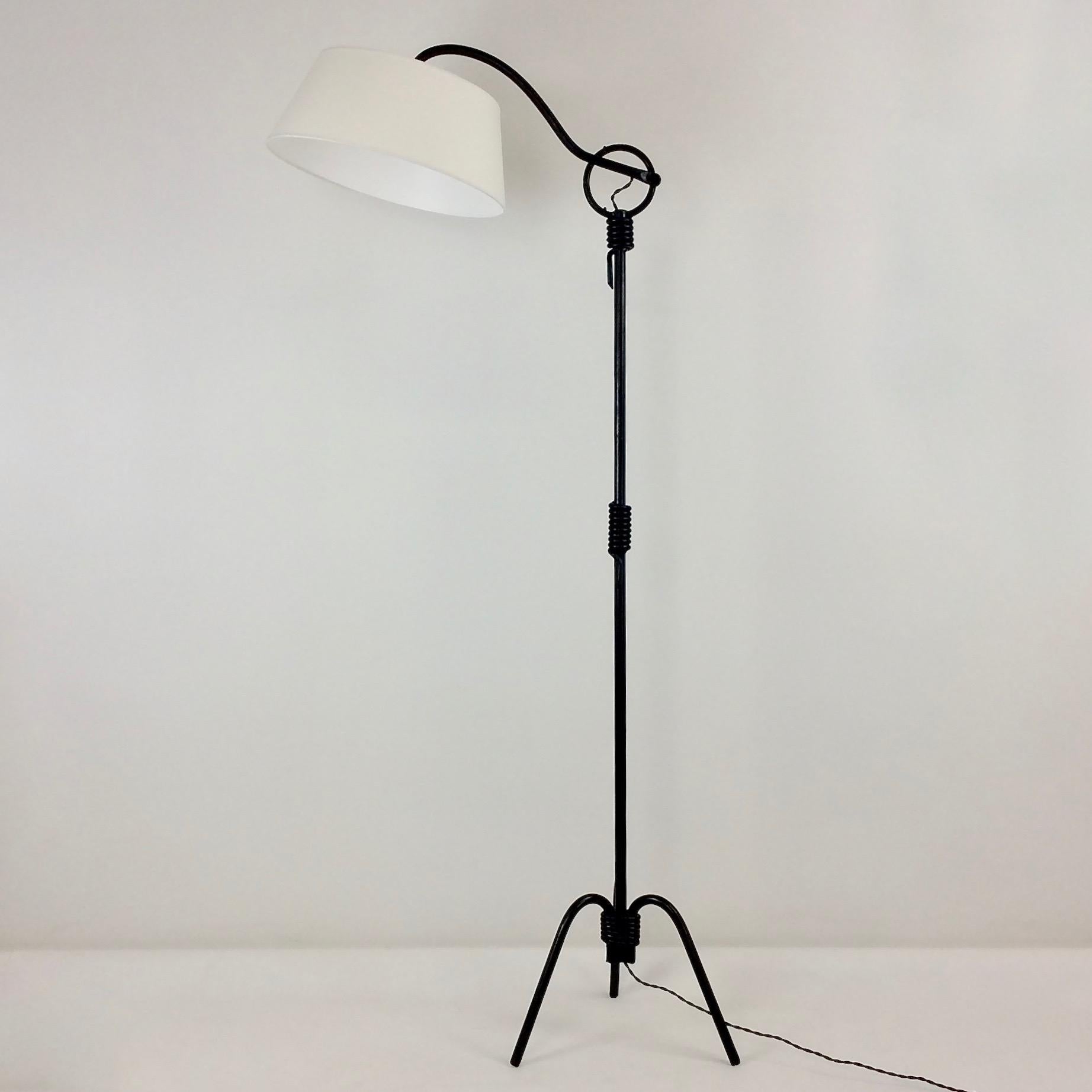 Blackened Mid-Century Attributed Jacques Adnet Floor Lamp, circa 1950, France.
