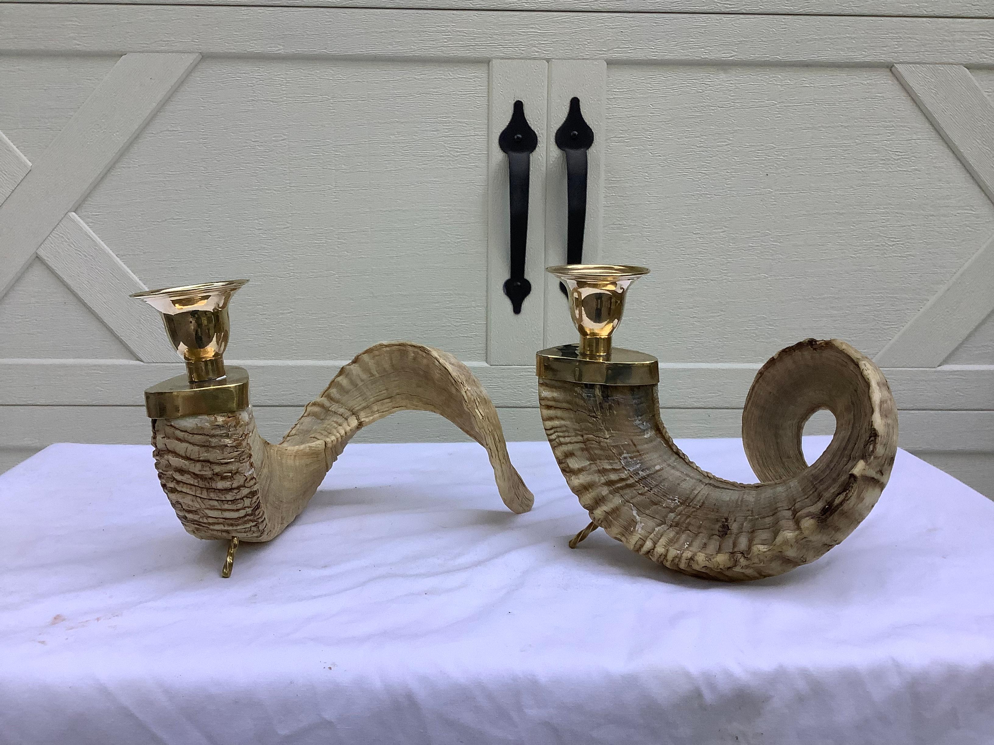 Brass Mid Century Aubock Style Horn Candleholders, A Pair