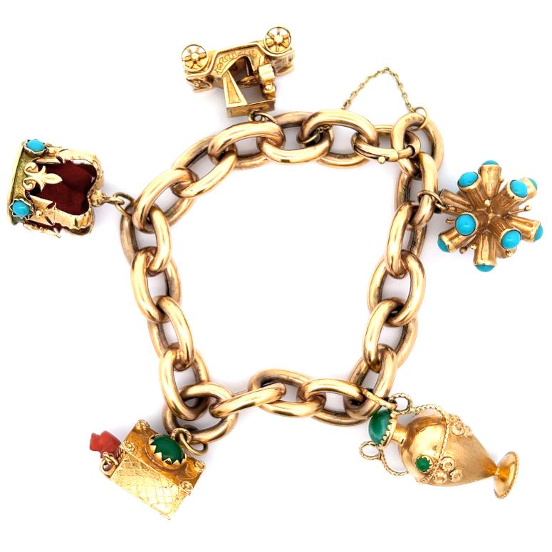 Women's or Men's Mid-Century Austrian Gemstone 14 Karat Yellow Gold Charm Bracelet