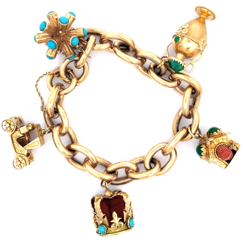 Mid-Century Austrian Gemstone 14 Karat Yellow Gold Charm Bracelet 1