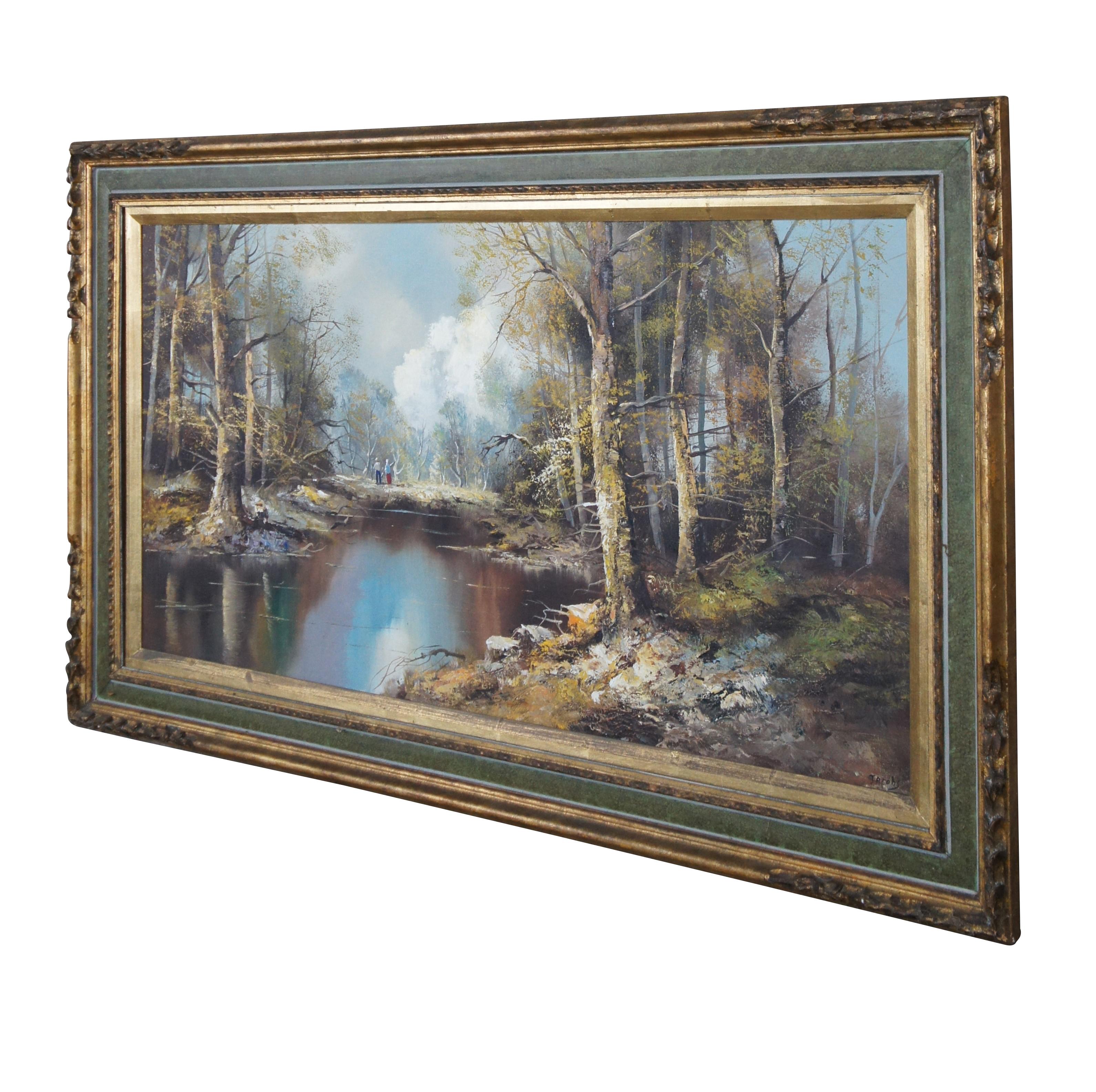 Mid Century Austrian Viennese Woodland River Landscape Oil Painting by Jacobs In Good Condition For Sale In Dayton, OH