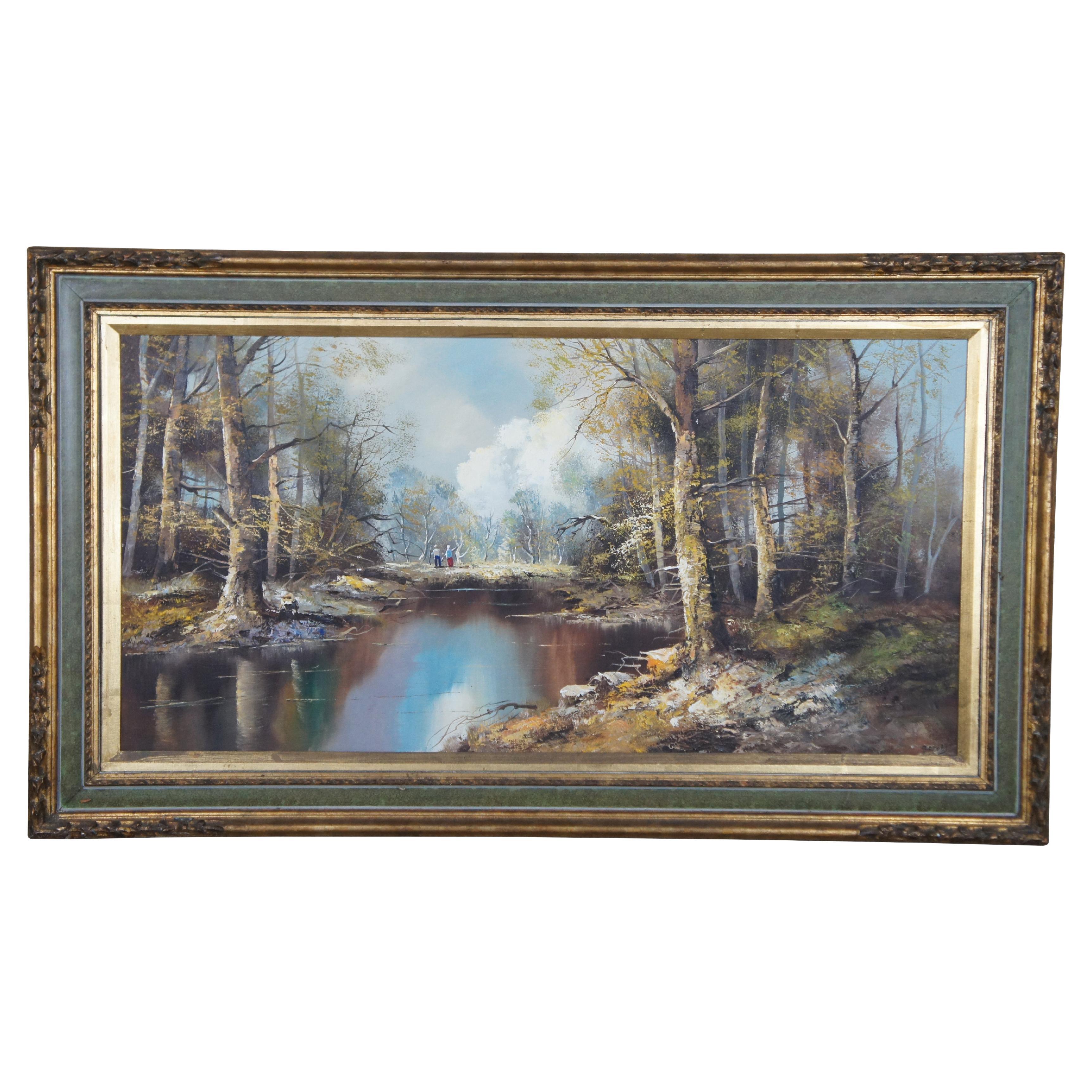 Pintura al óleo de mediados de siglo sobre paisaje fluvial boscoso austriaco de Jacobs