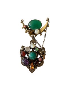 Mid-Century Austro-Hungarian Revival Multi-Gemstone Crescent Moon Shield Brooch