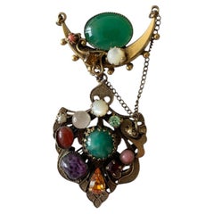Mid-Century Austro-Hungarian Revival Multi-Gemstone Crescent Moon Shield Brooch