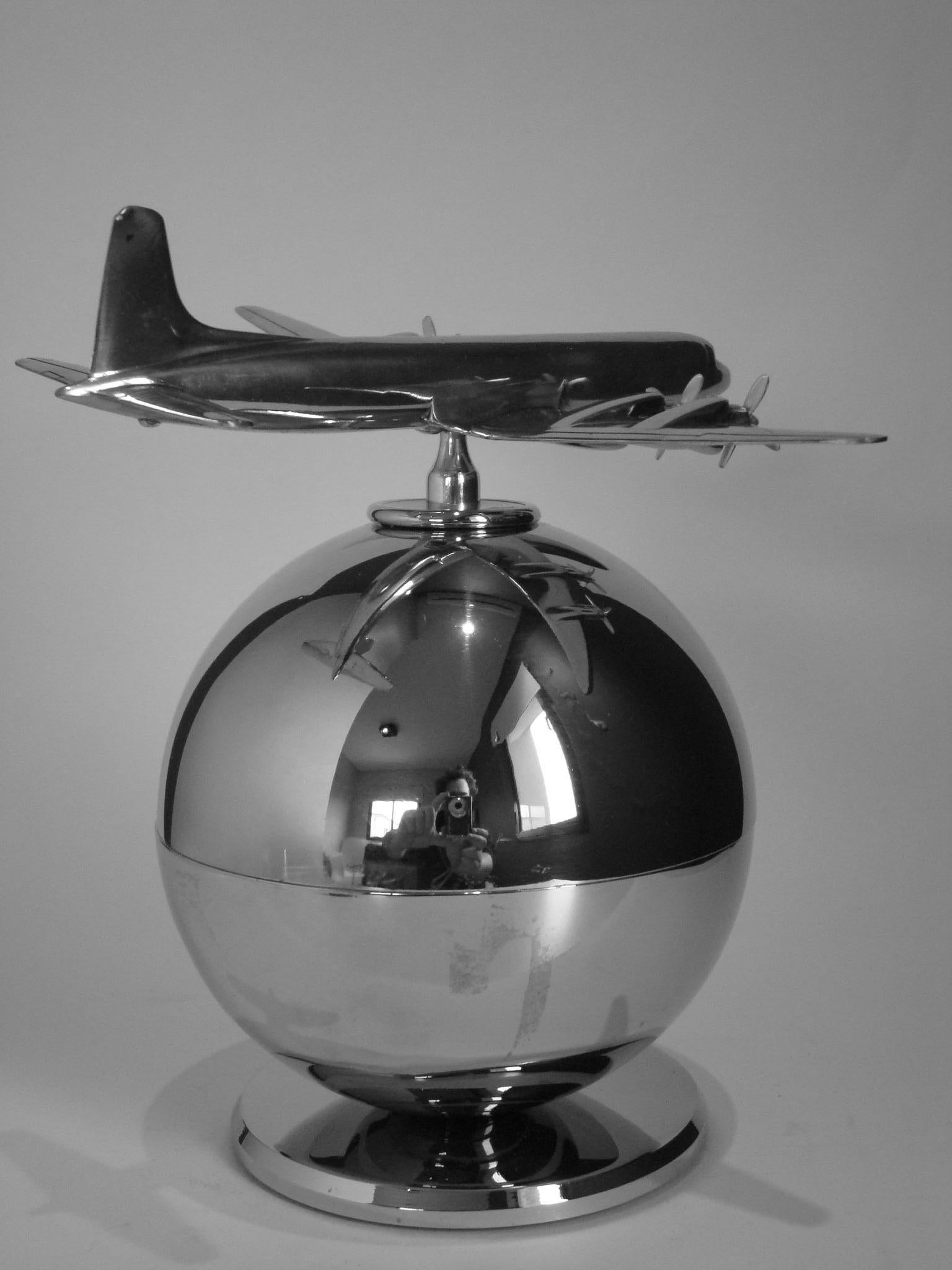 Silvered Mid Century Aviation Vintage Desk Airplane Over Globe Model, 1940s For Sale
