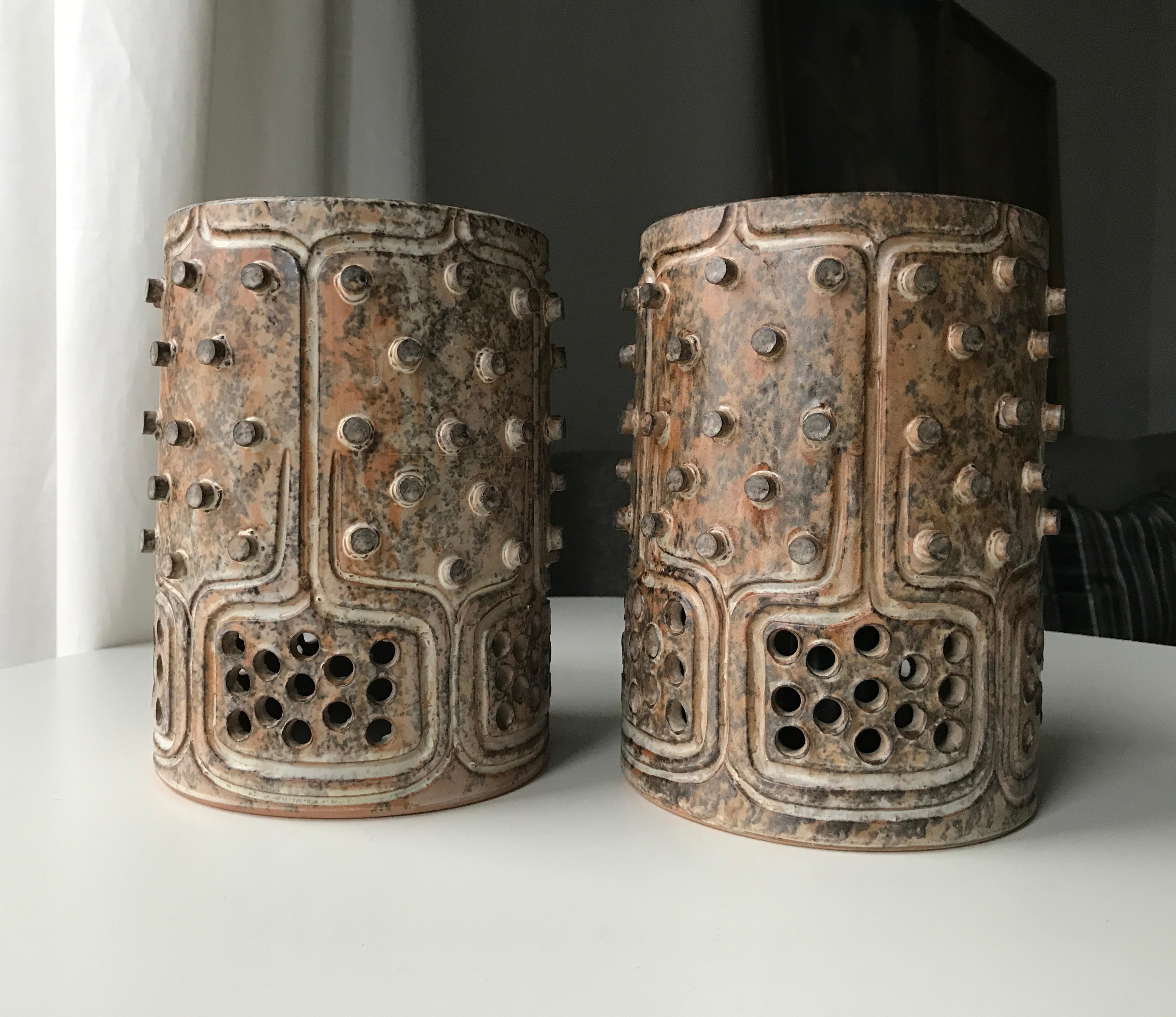 FREE SHIPPING! Mid-Century Scandinavian Modern Pair of unique pendants designed by Danish pottery maker Jette Hellerøe in the 1970s and manufactured by Axella Design. Cylinder shaped pottery pendant, glazed with a amazing specter of colors in beige