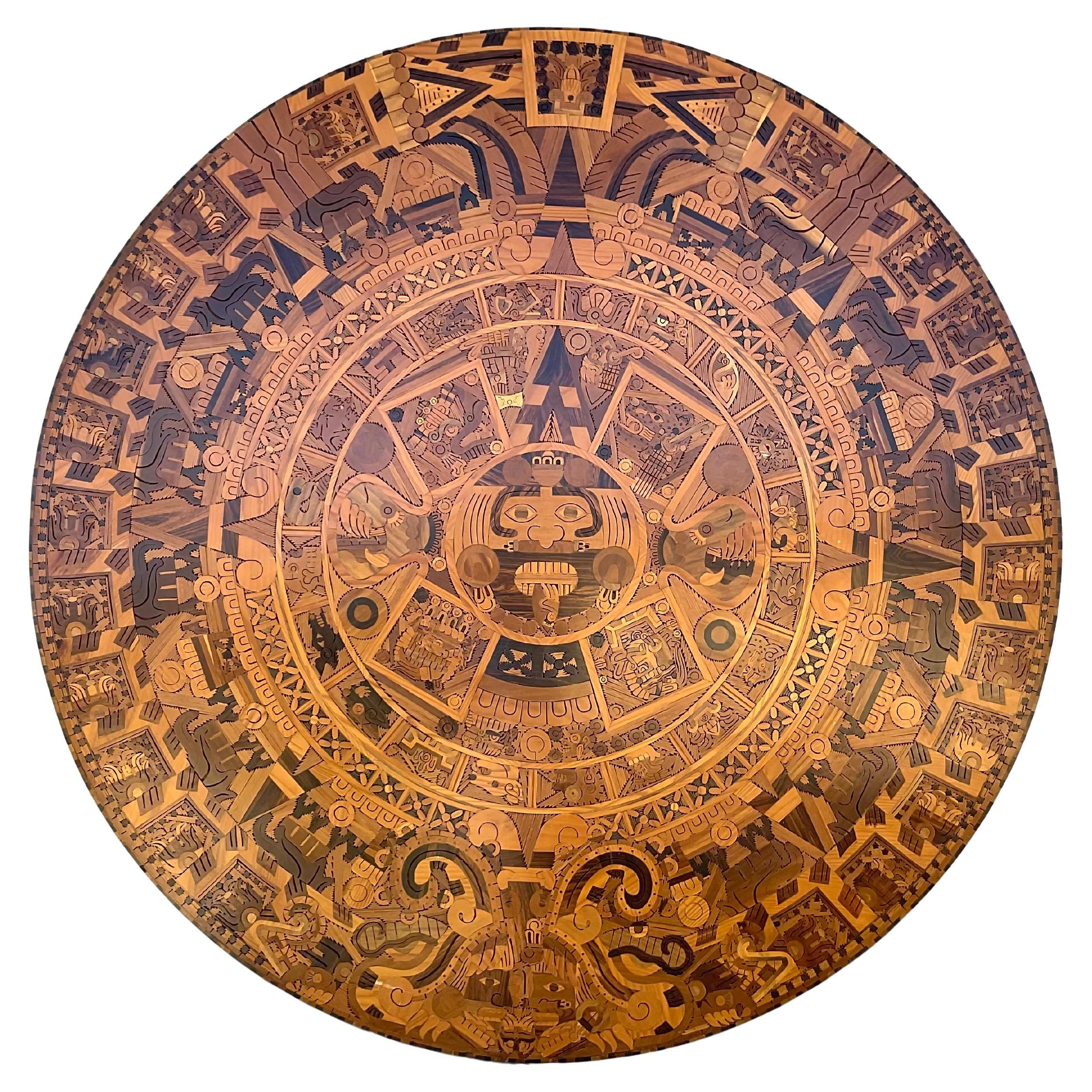 Mexican Mid Century Aztec Calendar Large Circular Inlaid Wood For Sale