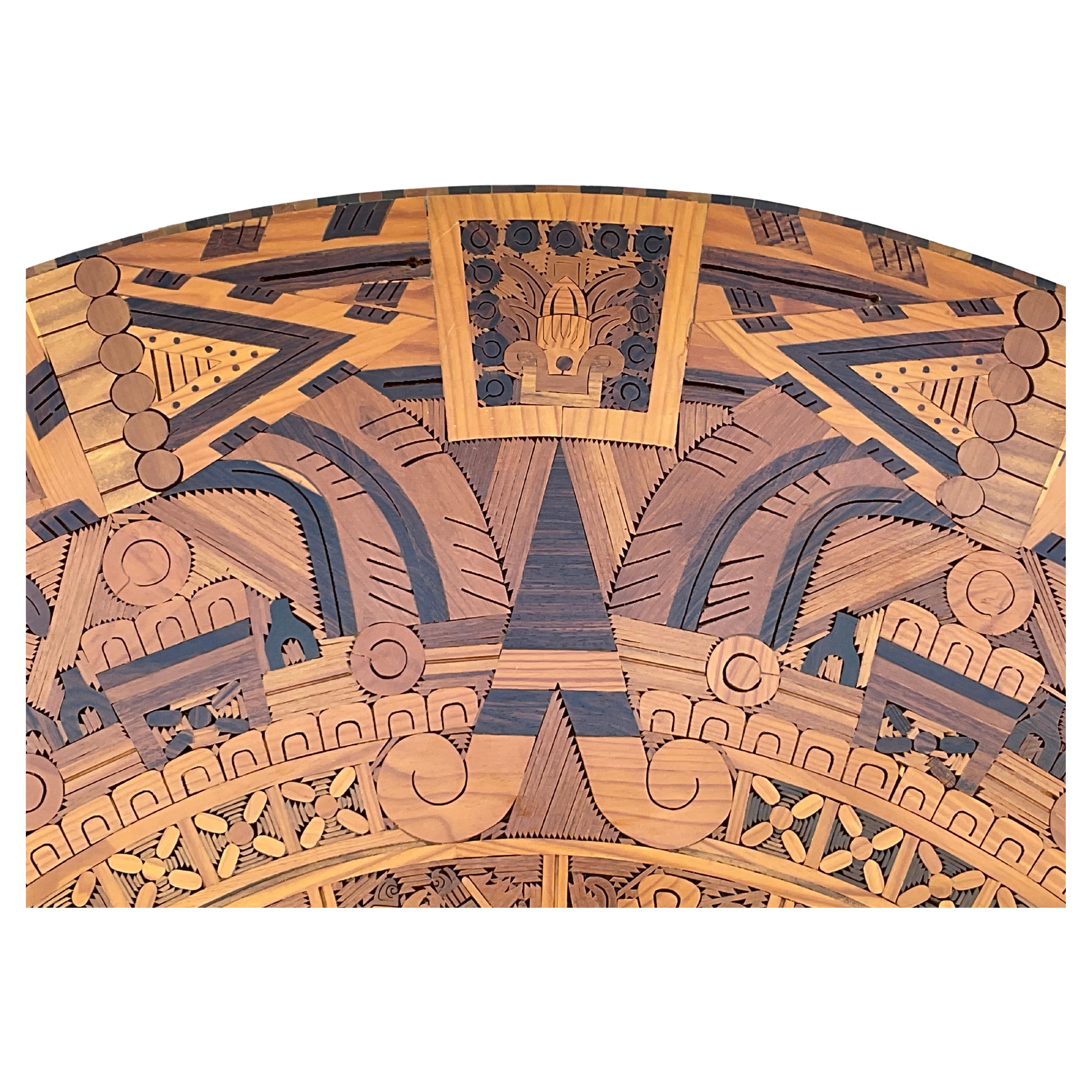 Mid Century Aztec Calendar Large Circular Inlaid Wood In Good Condition For Sale In Bradenton, FL