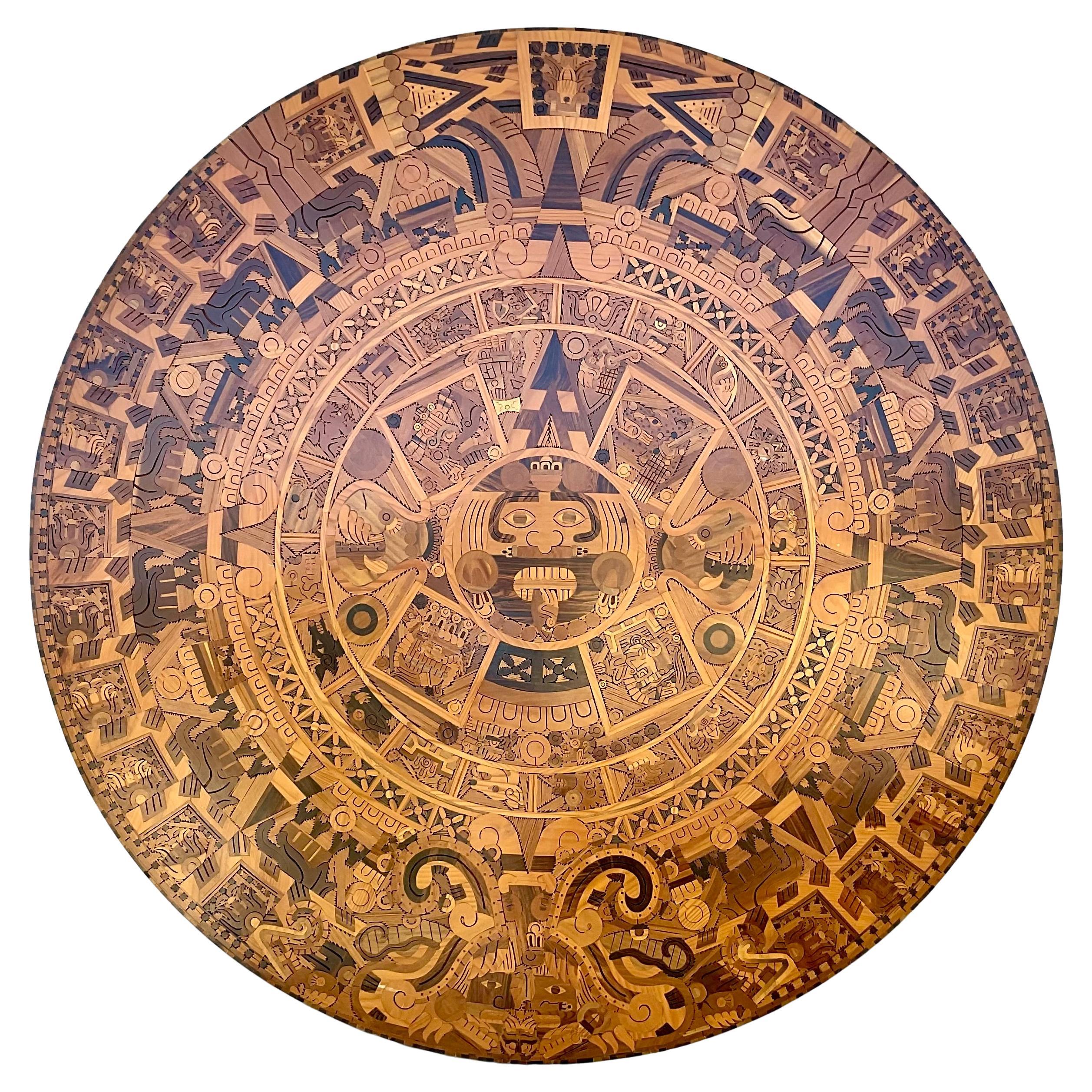 Mid Century Aztec Calendar Large Circular Inlaid Wood For Sale 2