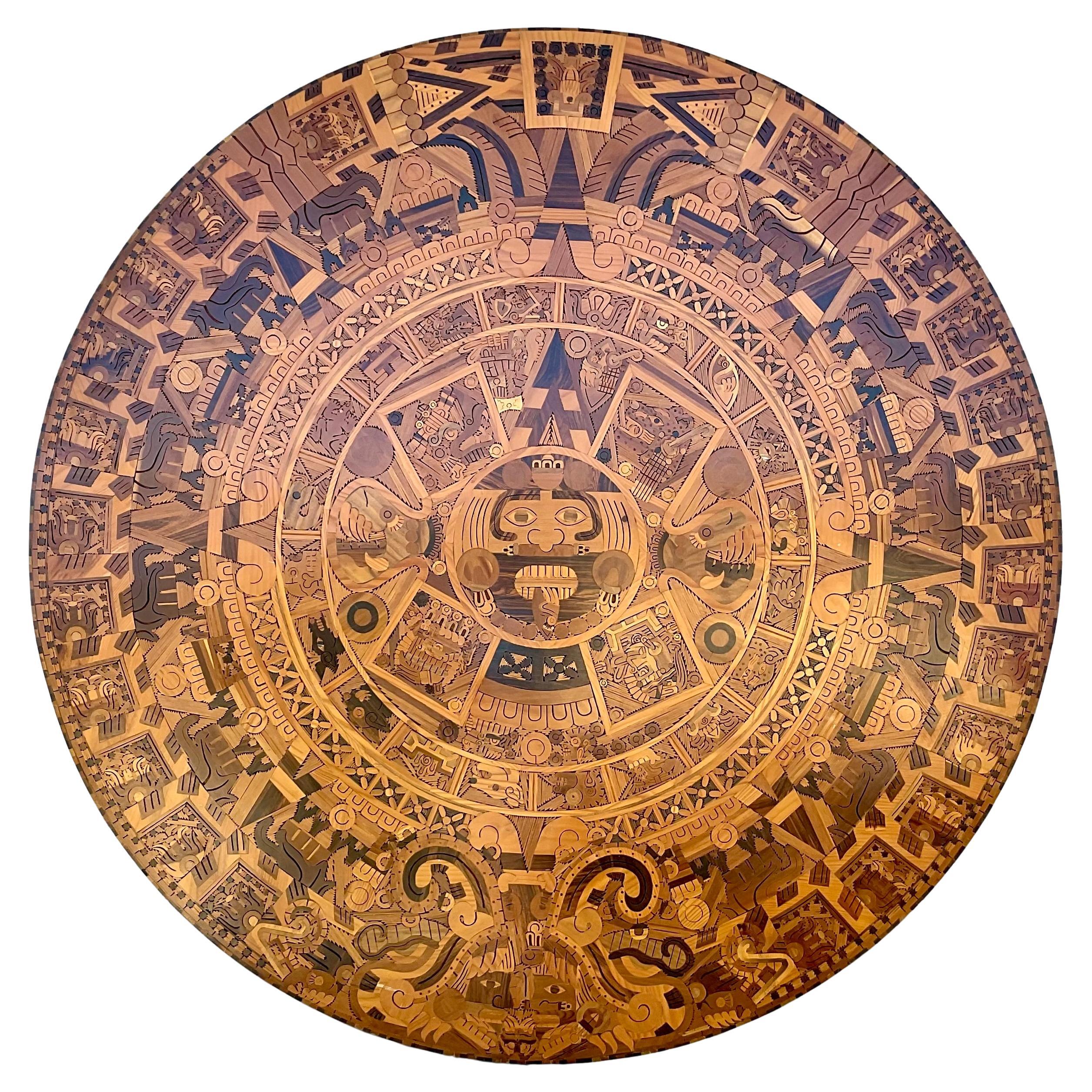 Mid Century Aztec Calendar Large Circular Inlaid Wood