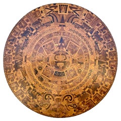 Mid Century Aztec Calendar Large Circular Inlaid Wood