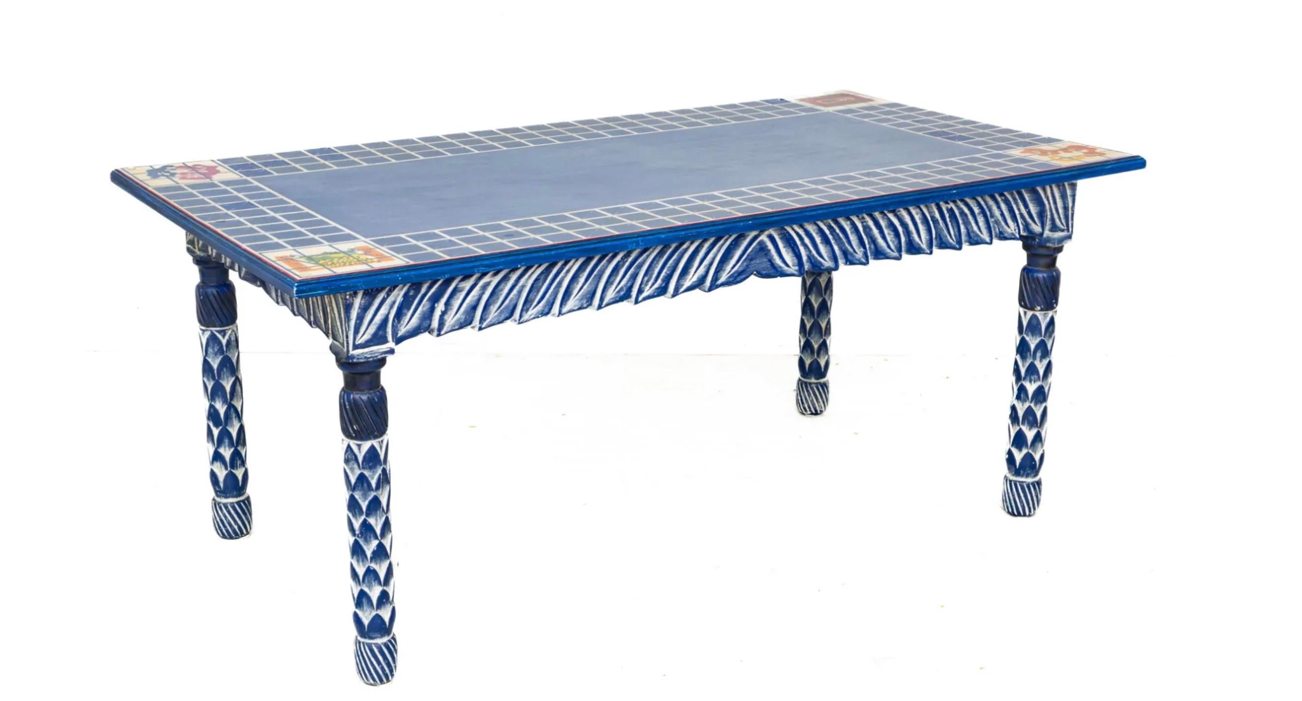 Mid Century Azul Hand painted wood Dining Table Made In Mexico with Painted Tiles leaves, and Pineapple motif legs. Very Unique hand painted table very unique design. Located in Brooklyn NYC

Dimensions L 72''  W 38'' H 30'' (Solid table no Leaves)
