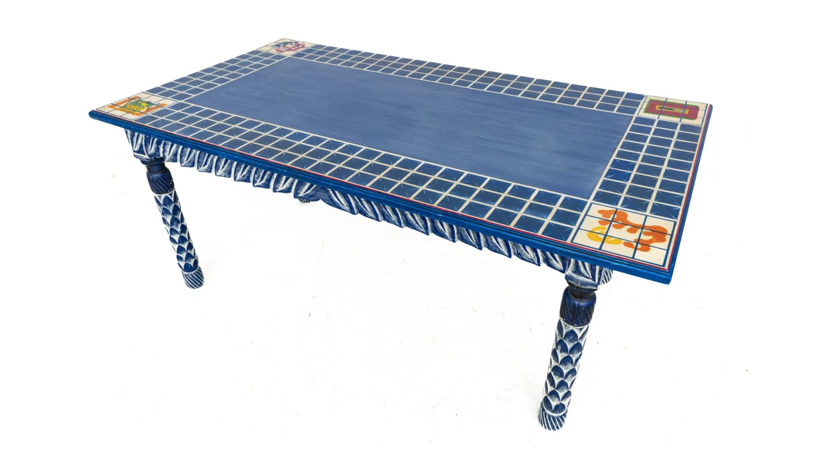 Woodwork Mid Century Azul Hand painted wood Dining Table Made In Mexico For Sale