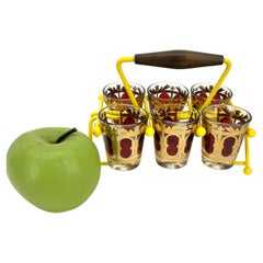 Mid-Century Azure Cranberry Culver Shot Glasses With Atomic Caddy