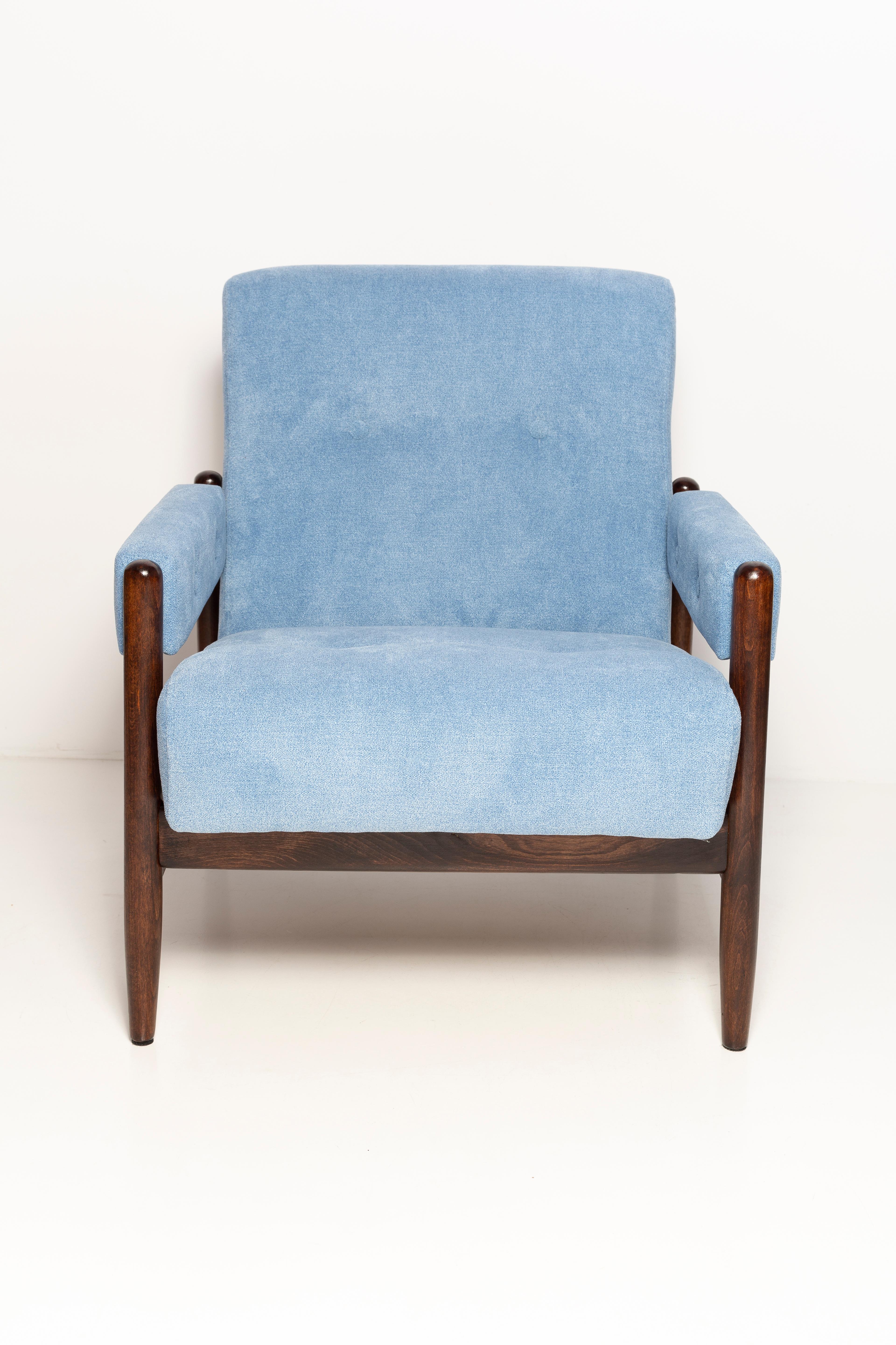 Mid-Century Modern Mid Century Baby Blue Velvet Vintage Armchair, Walnut Wood, Europe, 1960s For Sale