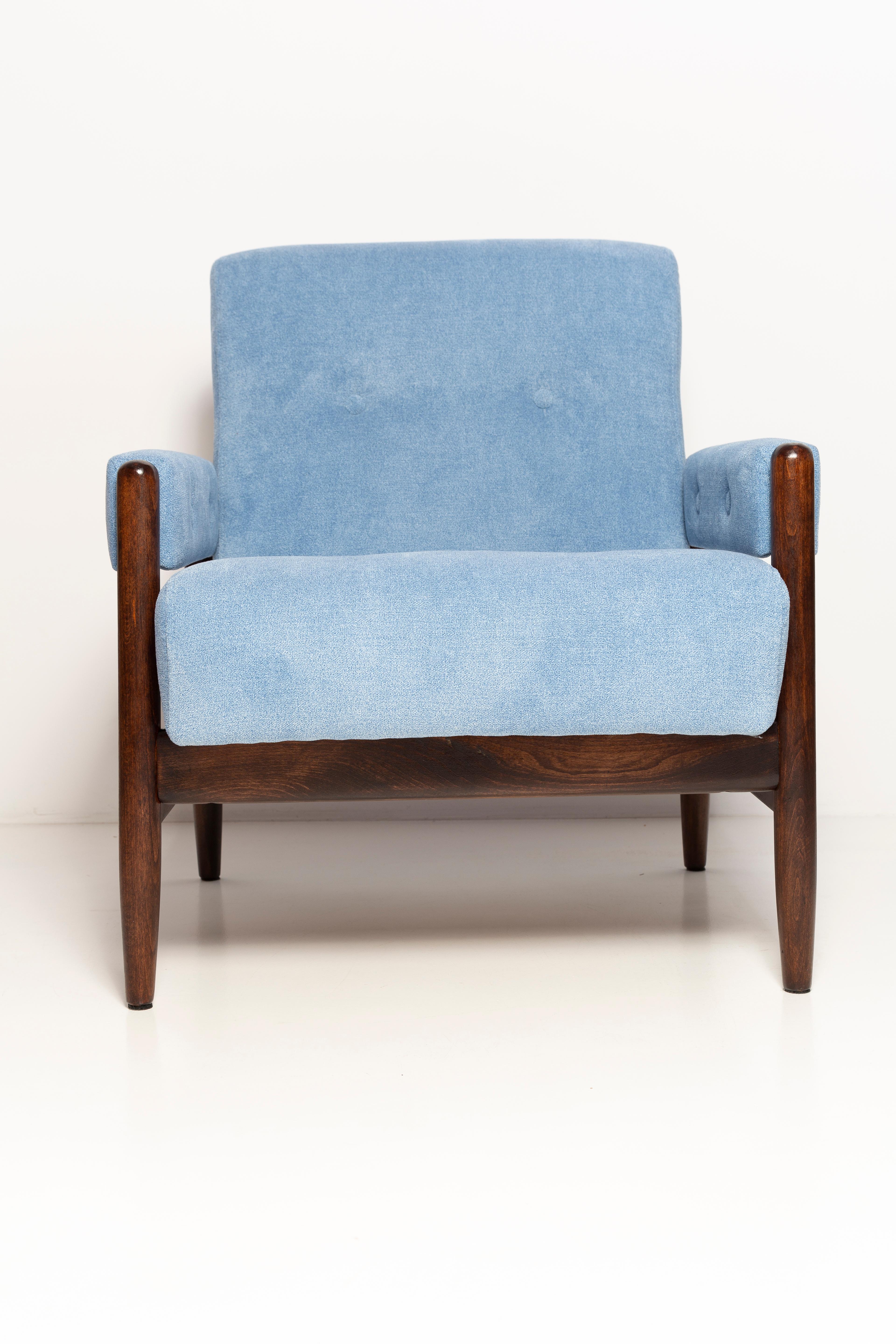 Polish Mid Century Baby Blue Velvet Vintage Armchair, Walnut Wood, Europe, 1960s For Sale