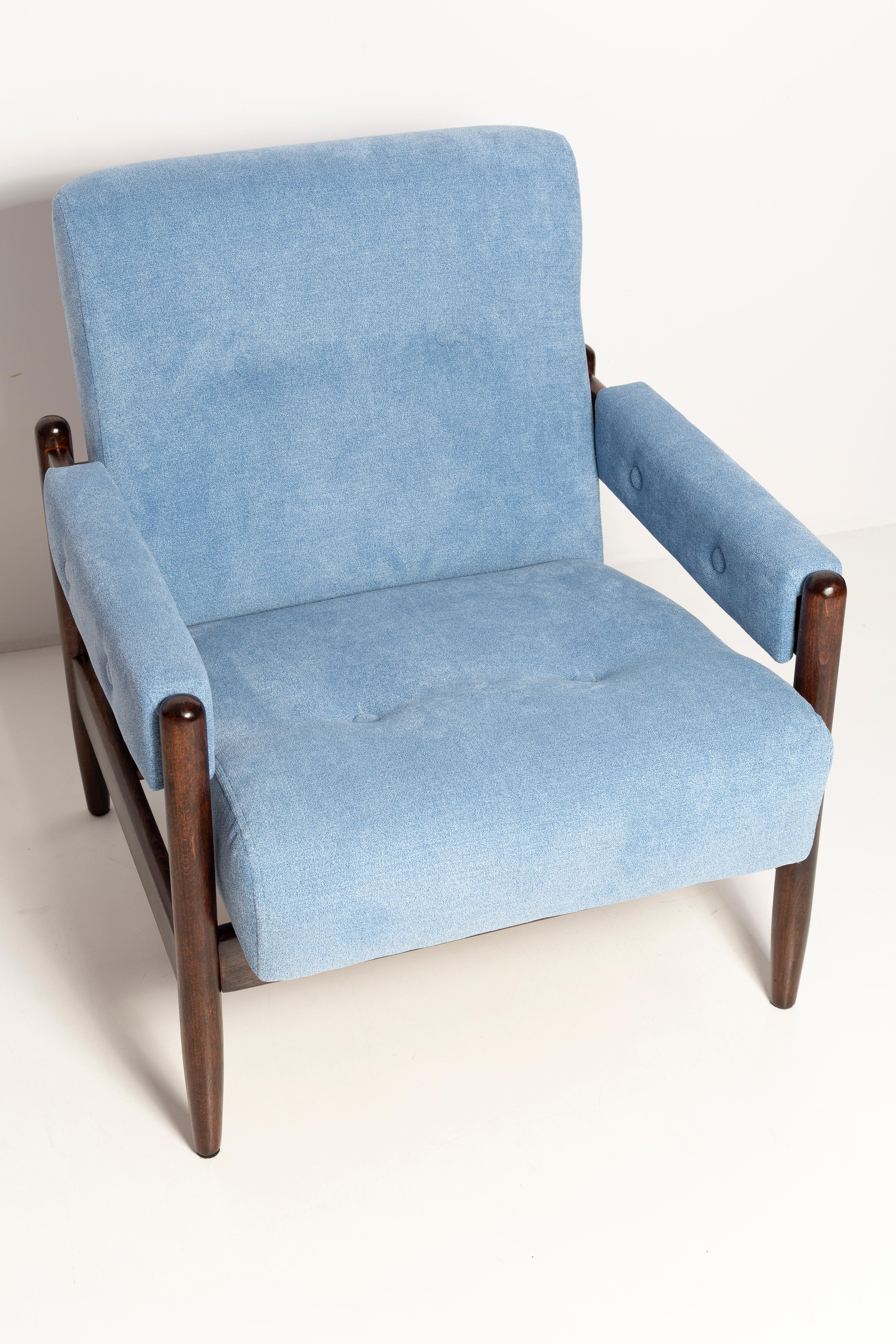 Polish Mid Century Baby Blue Velvet Vintage Armchair, Walnut Wood, Europe, 1960s For Sale