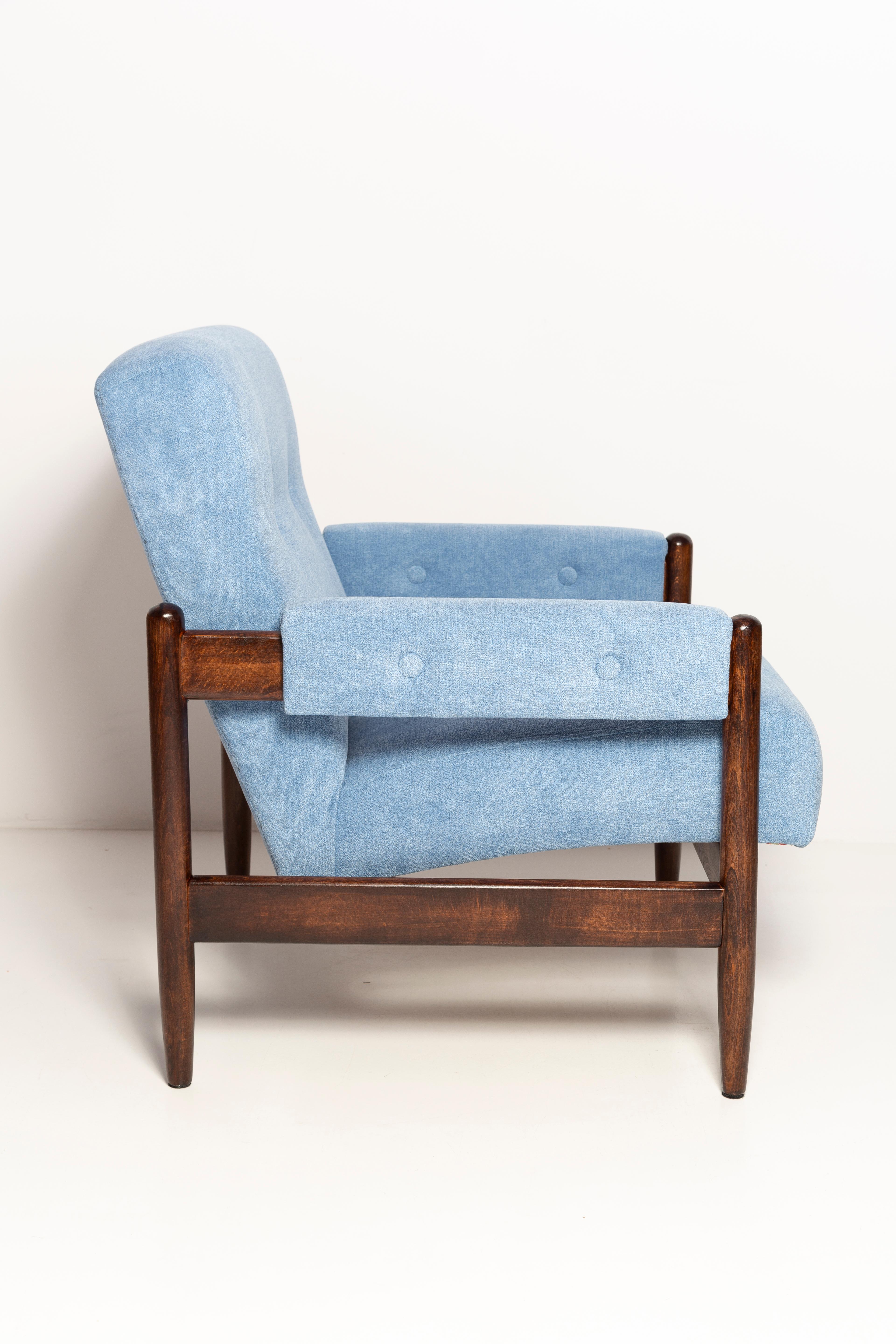 Hand-Crafted Mid Century Baby Blue Velvet Vintage Armchair, Walnut Wood, Europe, 1960s For Sale