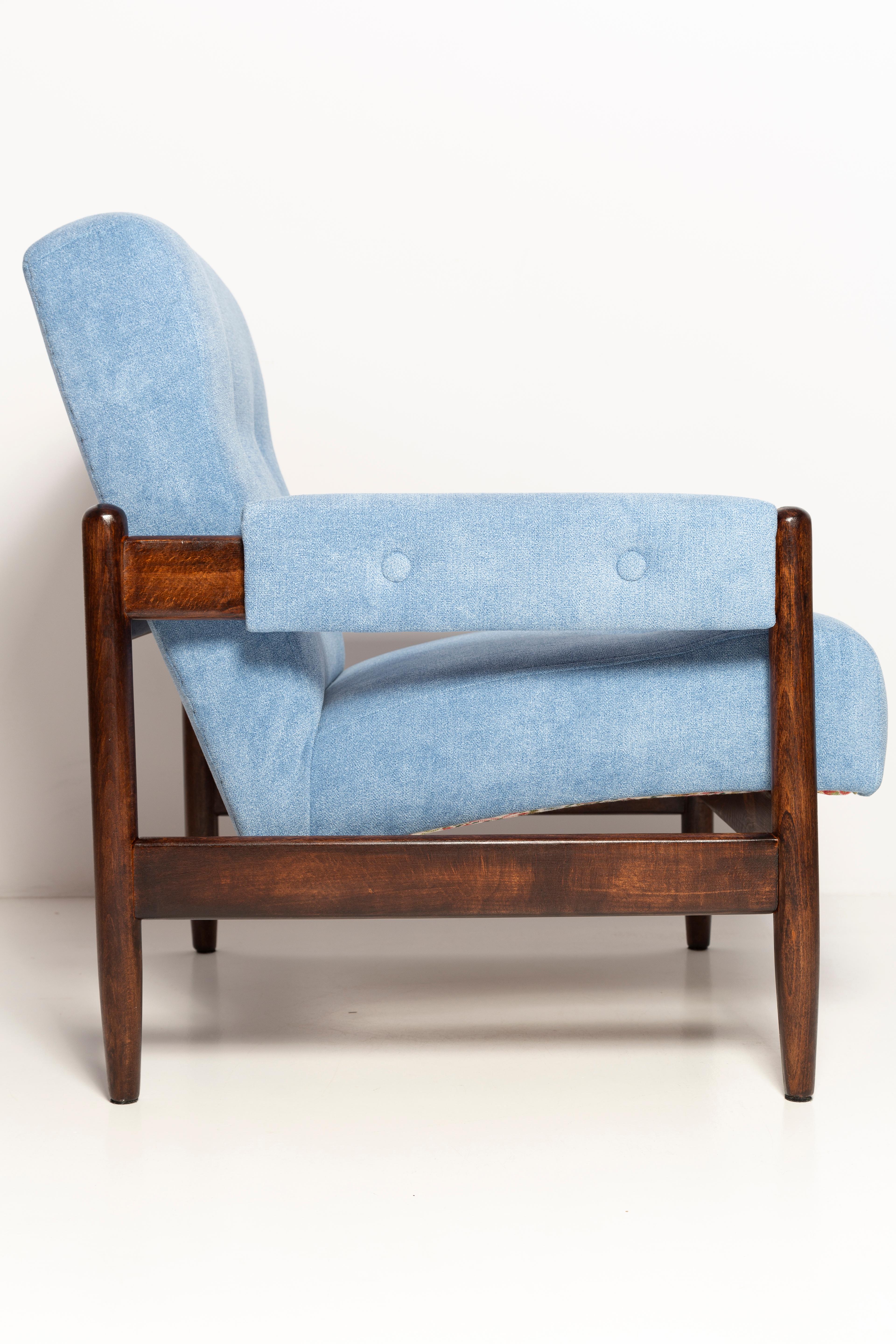 20th Century Mid Century Baby Blue Velvet Vintage Armchair, Walnut Wood, Europe, 1960s For Sale