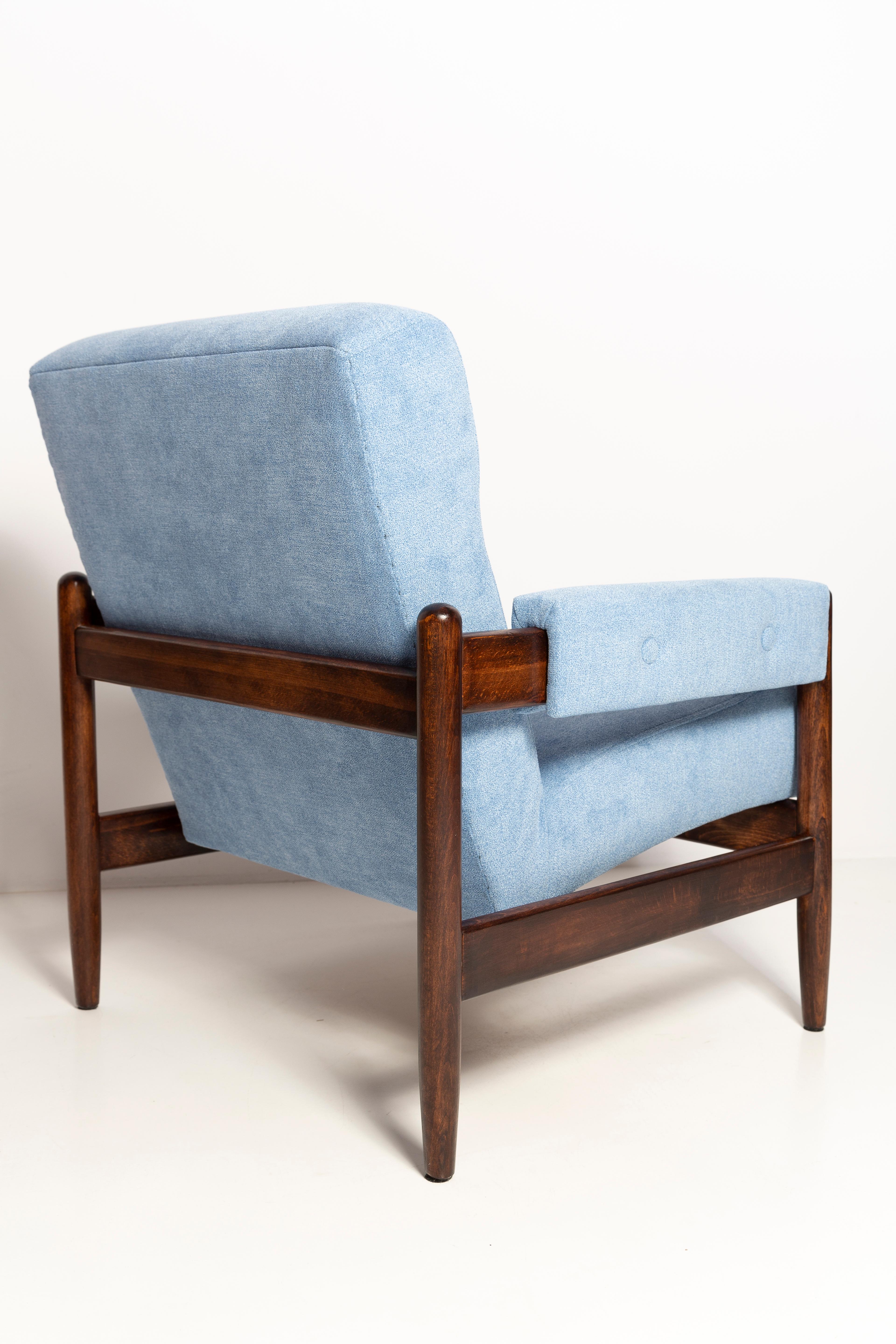 Textile Mid Century Baby Blue Velvet Vintage Armchair, Walnut Wood, Europe, 1960s For Sale