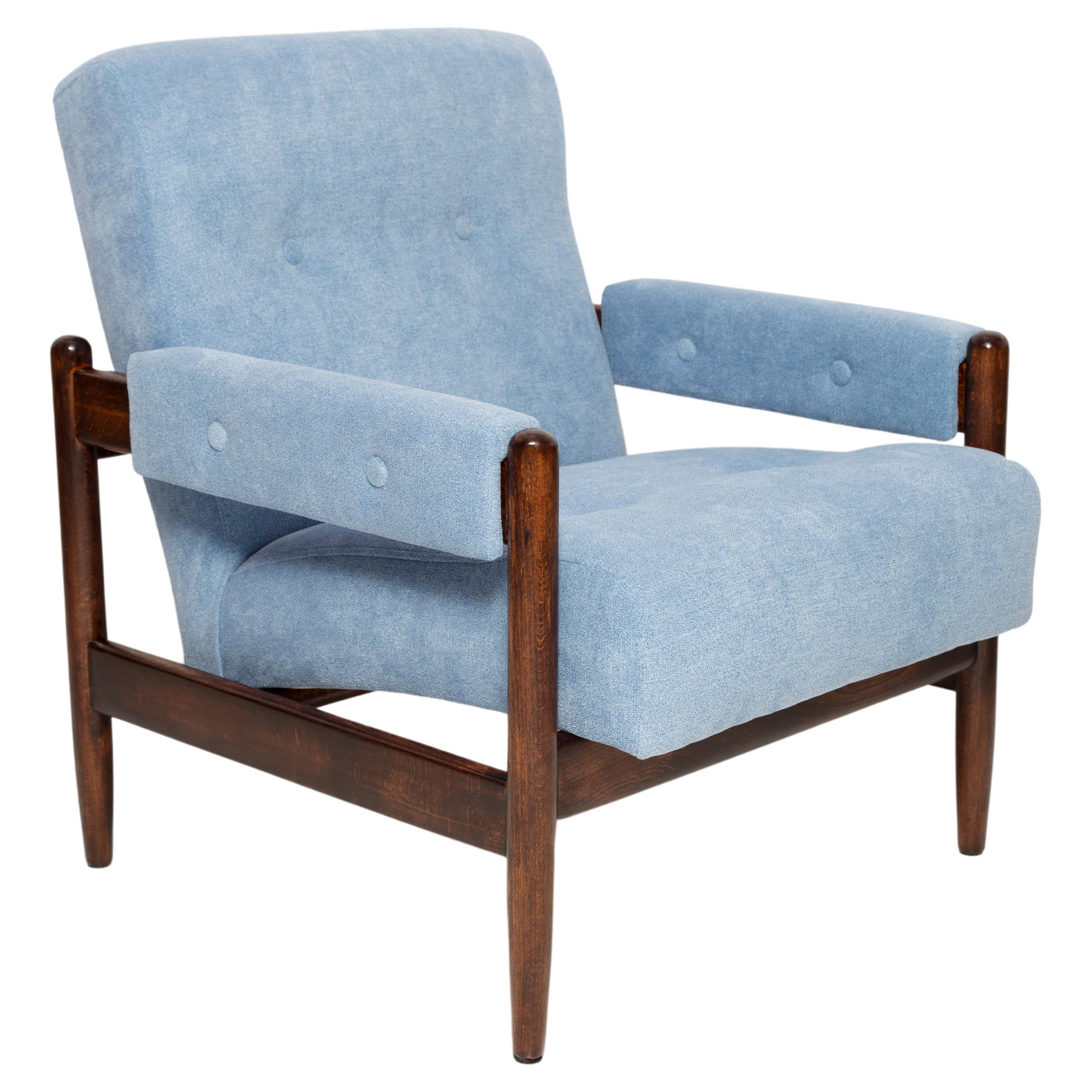Mid Century Baby Blue Velvet Vintage Armchair, Walnut Wood, Europe, 1960s For Sale