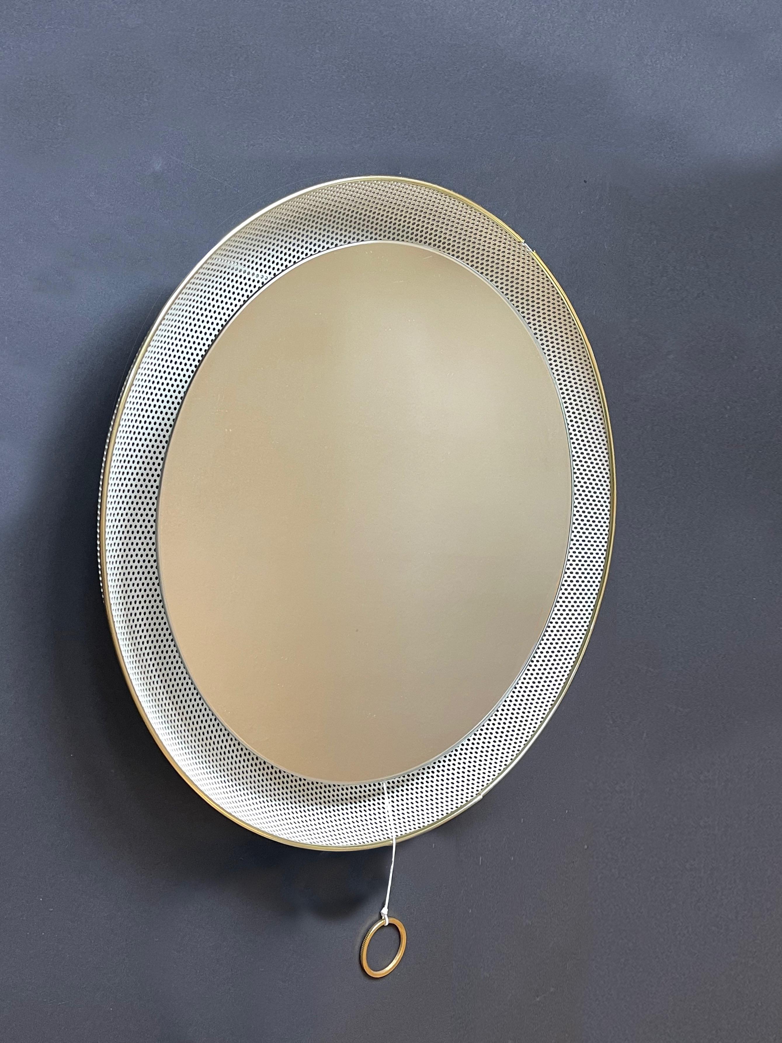 French Mathieu Matégot Mirror Mid-Century, Back Lit White & Gold, Attr., France
