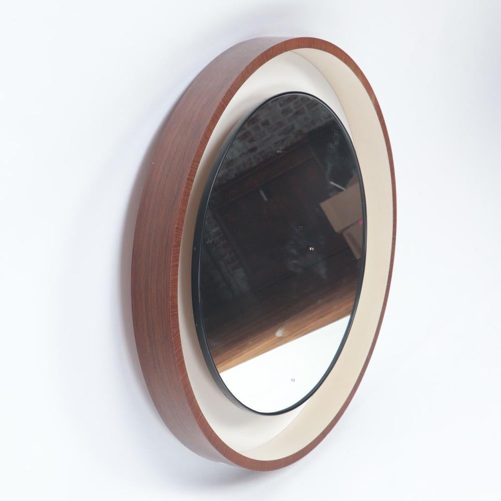 Mid Century Backlit Mirror with Walnut frame and off-white lacquer finish. Italy, 1960's.