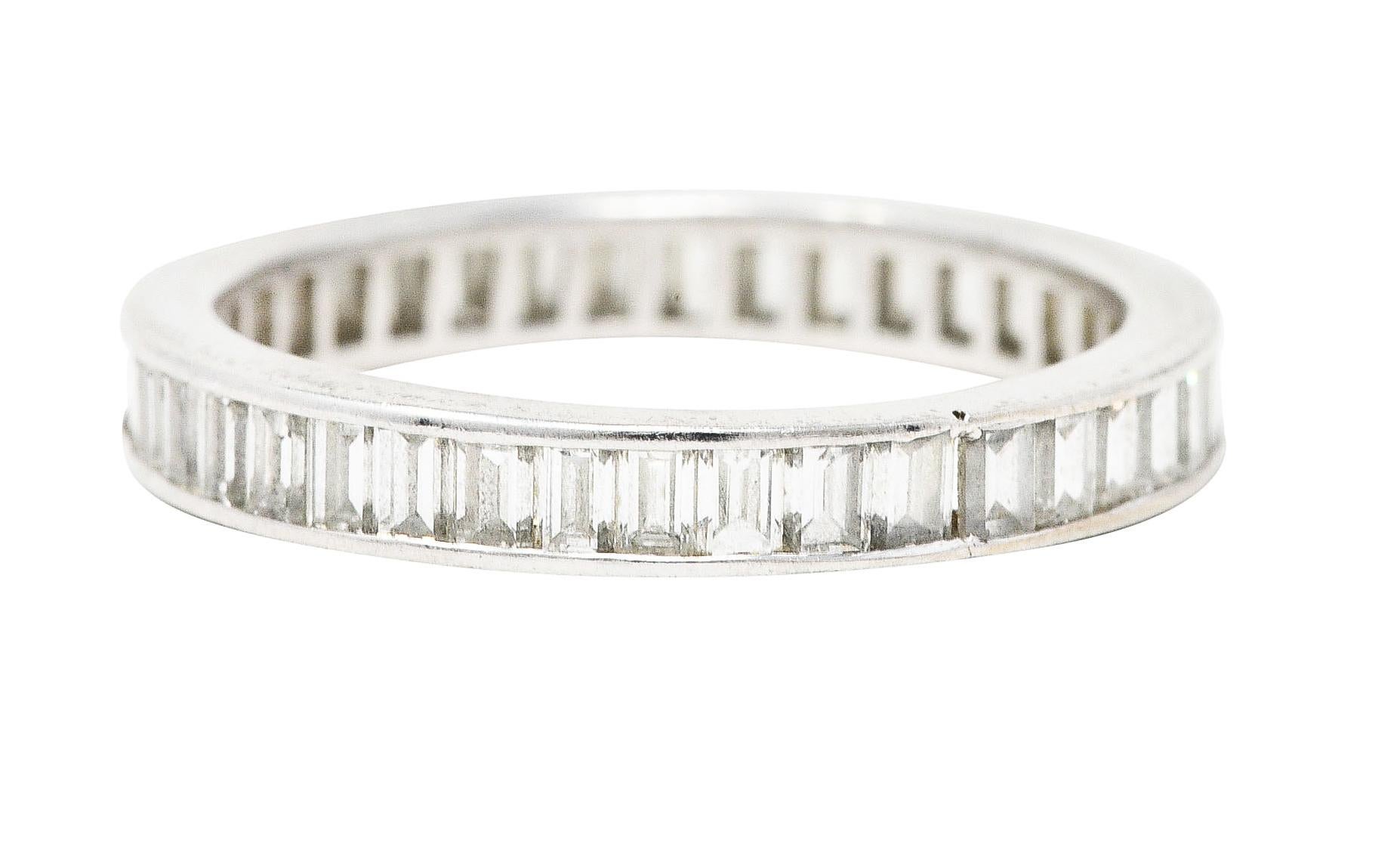 Women's or Men's Mid-Century Baguette Cut Diamond Platinum Channel Eternity Band Vintage Ring For Sale
